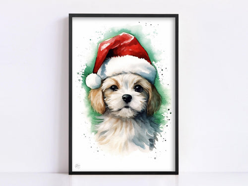 Adorable Puppy in Santa Hat Watercolor Art Print, Giclee Print on Canvas, Artist Paper, Watercolor Paper, Available in Extra Large Sizes