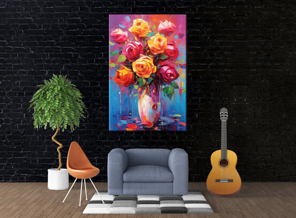 Rose Bouquet Canvas – Large Floral Wall Decor | Vibrant Abstract Roses Art Print