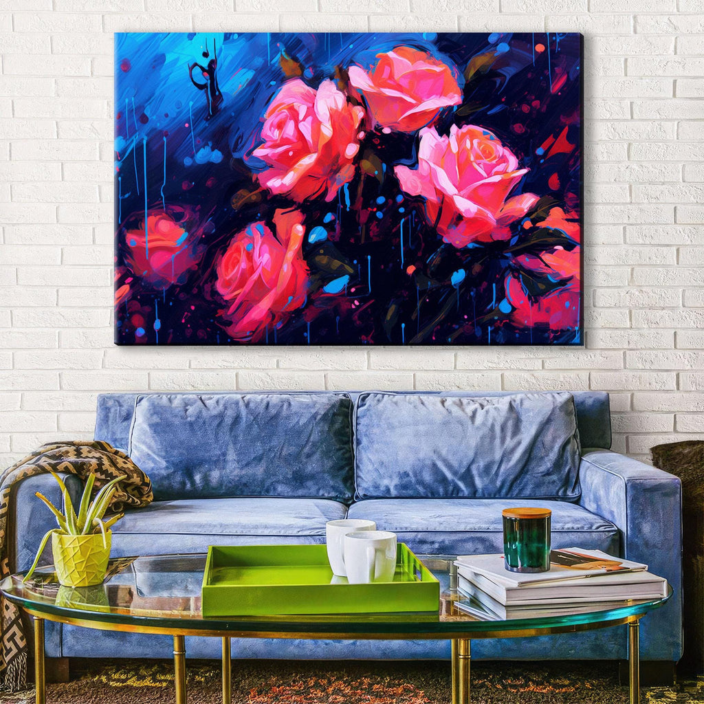 Abstract Roses Canvas | Extra Large Floral Wall Decor - Vibrant Paint Drip Artwork
