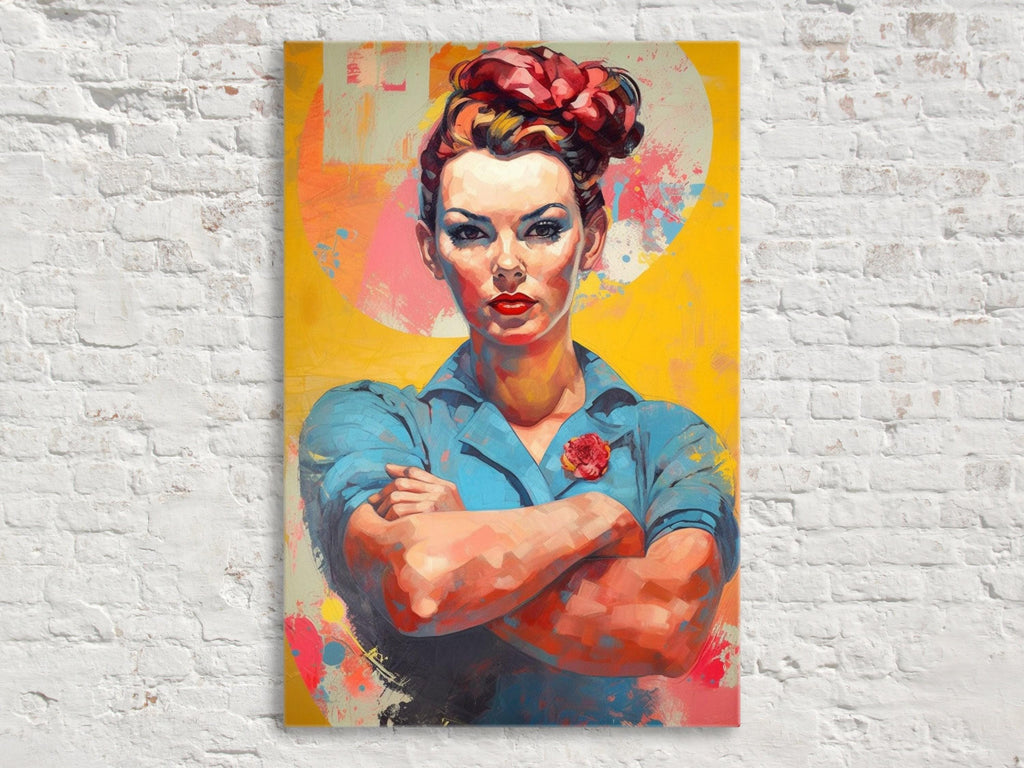 A colorful portrait of a woman with a serious expression, wearing a blue shirt and a red flower in her hair, standing with her arms crossed against a bright yellow background.