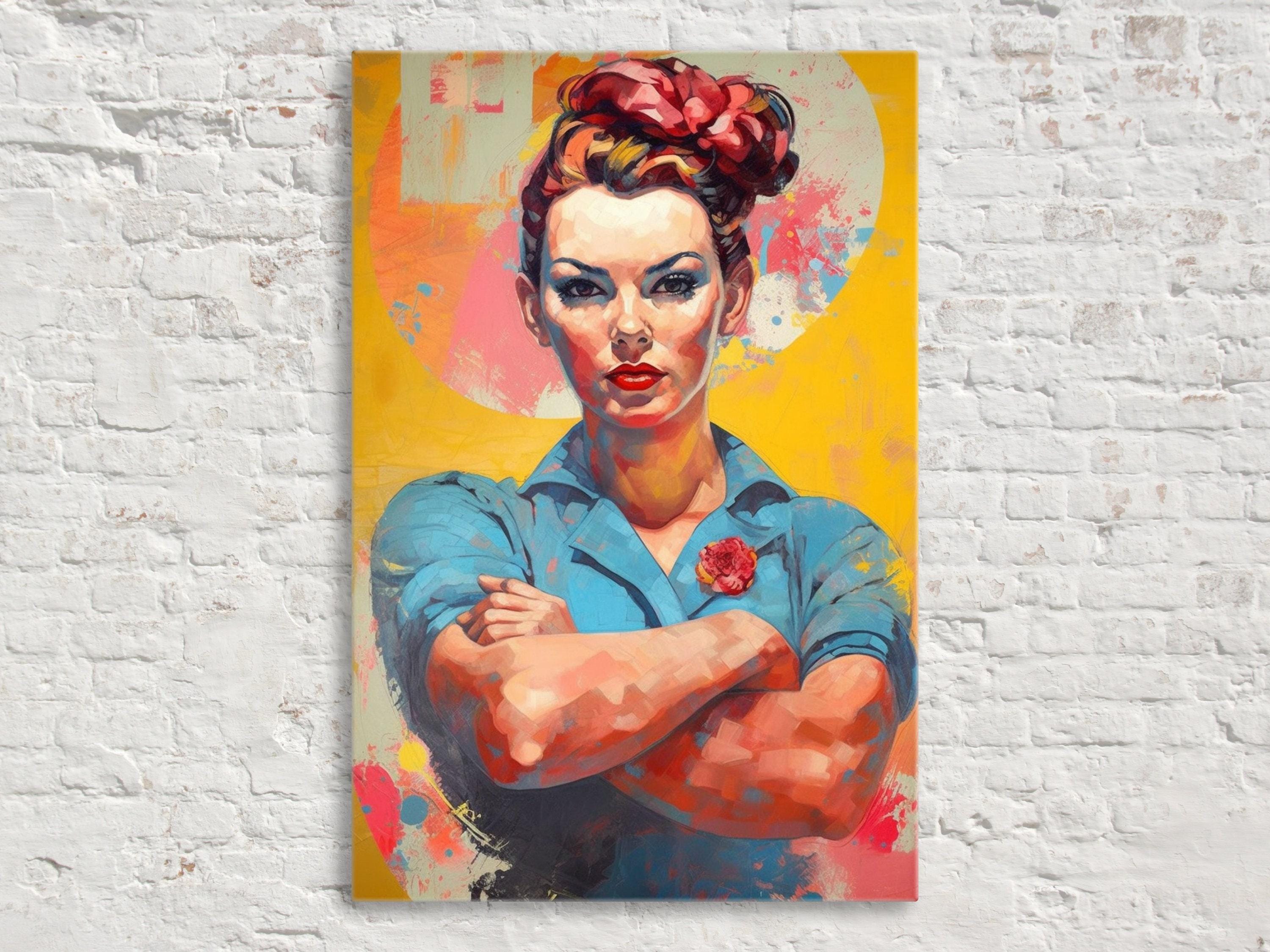 A colorful portrait of a woman with a serious expression, wearing a blue shirt and a red flower in her hair, standing with her arms crossed against a bright yellow background.
