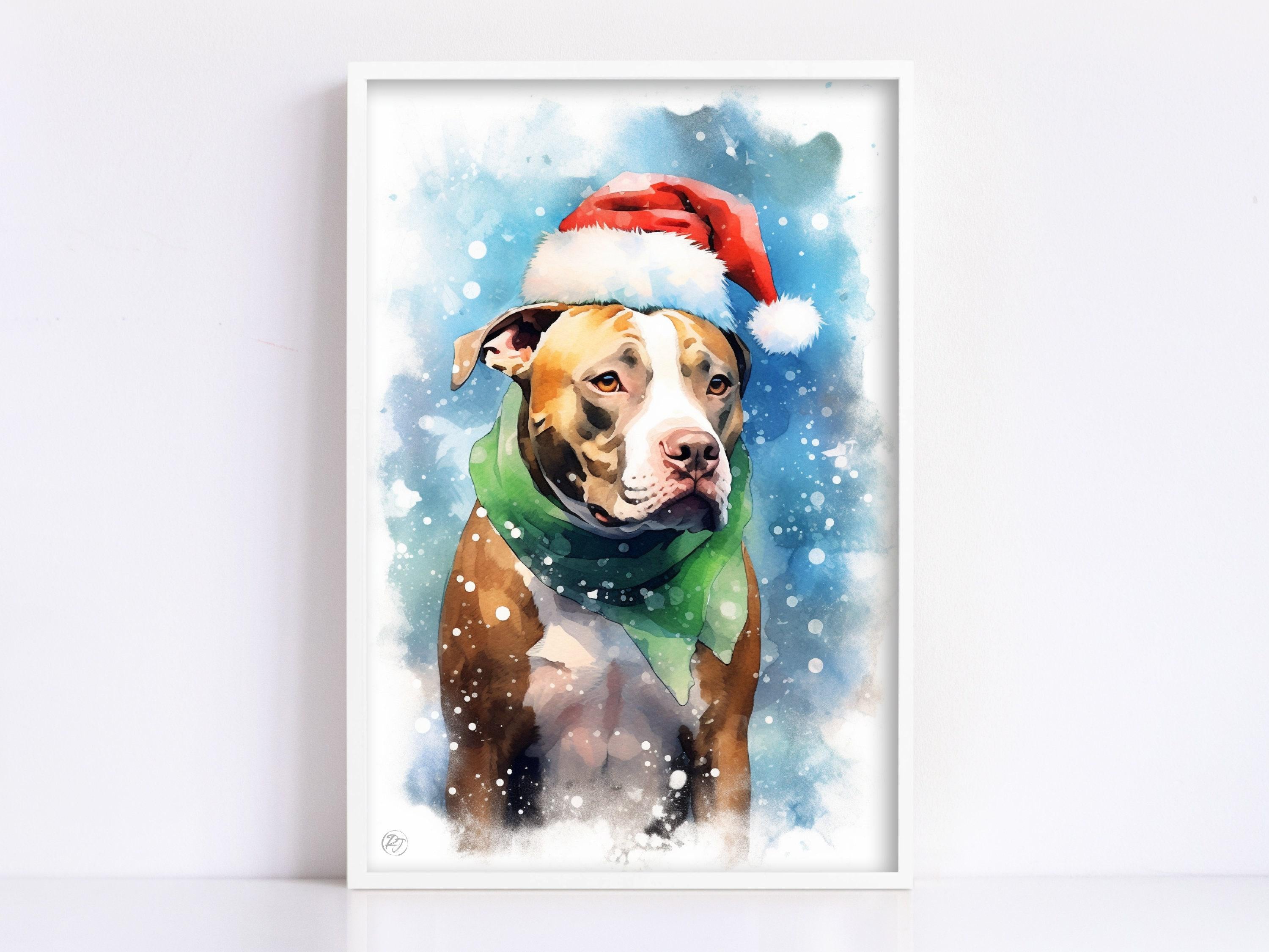 Festive Pitbull in Santa Hat Watercolor Art Print, Giclee Print on Canvas, Artist Paper, Watercolor Paper, Available in Extra Large Sizes