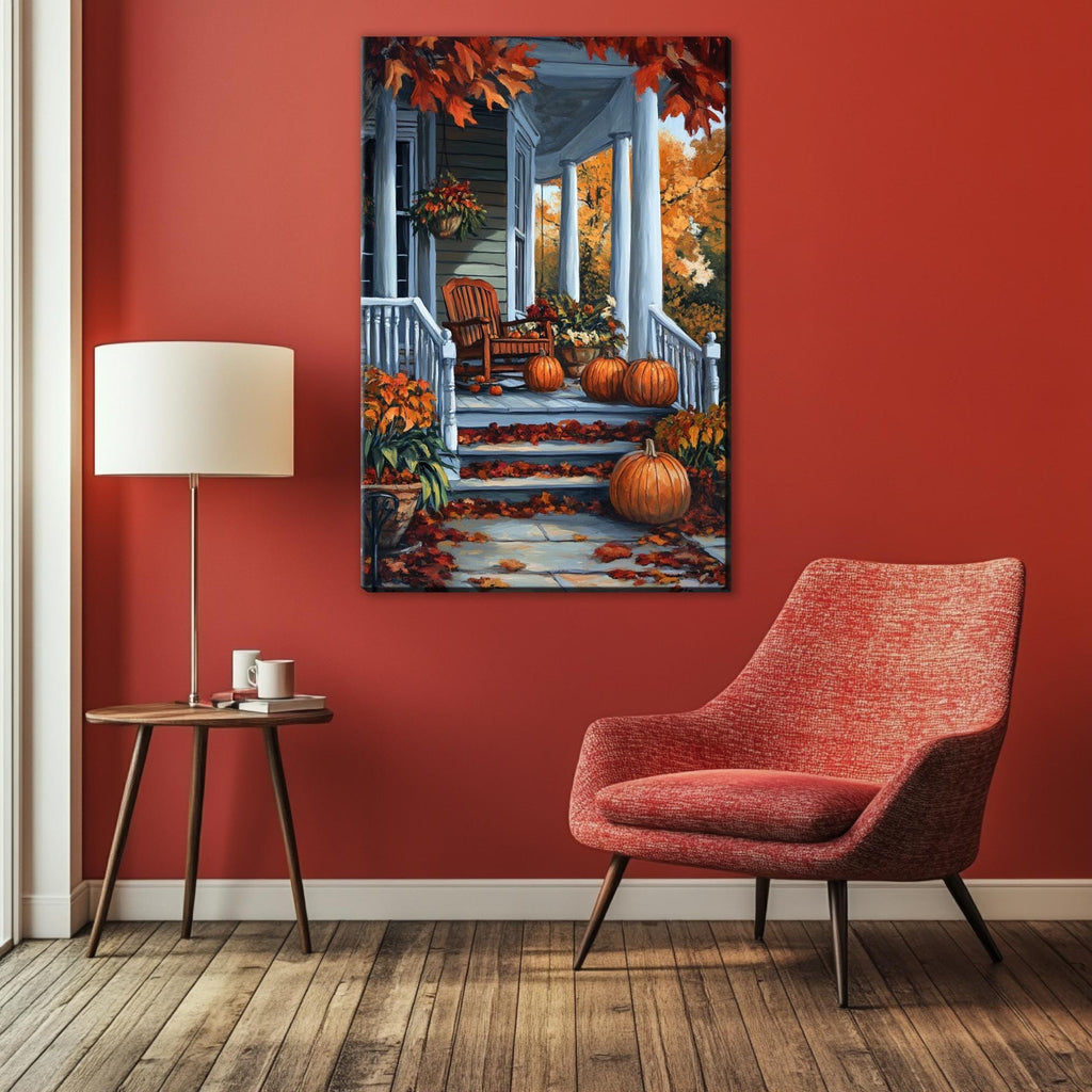 a cozy living room with a vibrant red wall, a wooden floor, and a comfortable red armchair. A wooden side table with a lamp and a coffee mug is situated next to the armchair. Above the armchair, a large painting of a porch with a white railing and a porch light is displayed on the wall, creating a warm and inviting atmosphere.