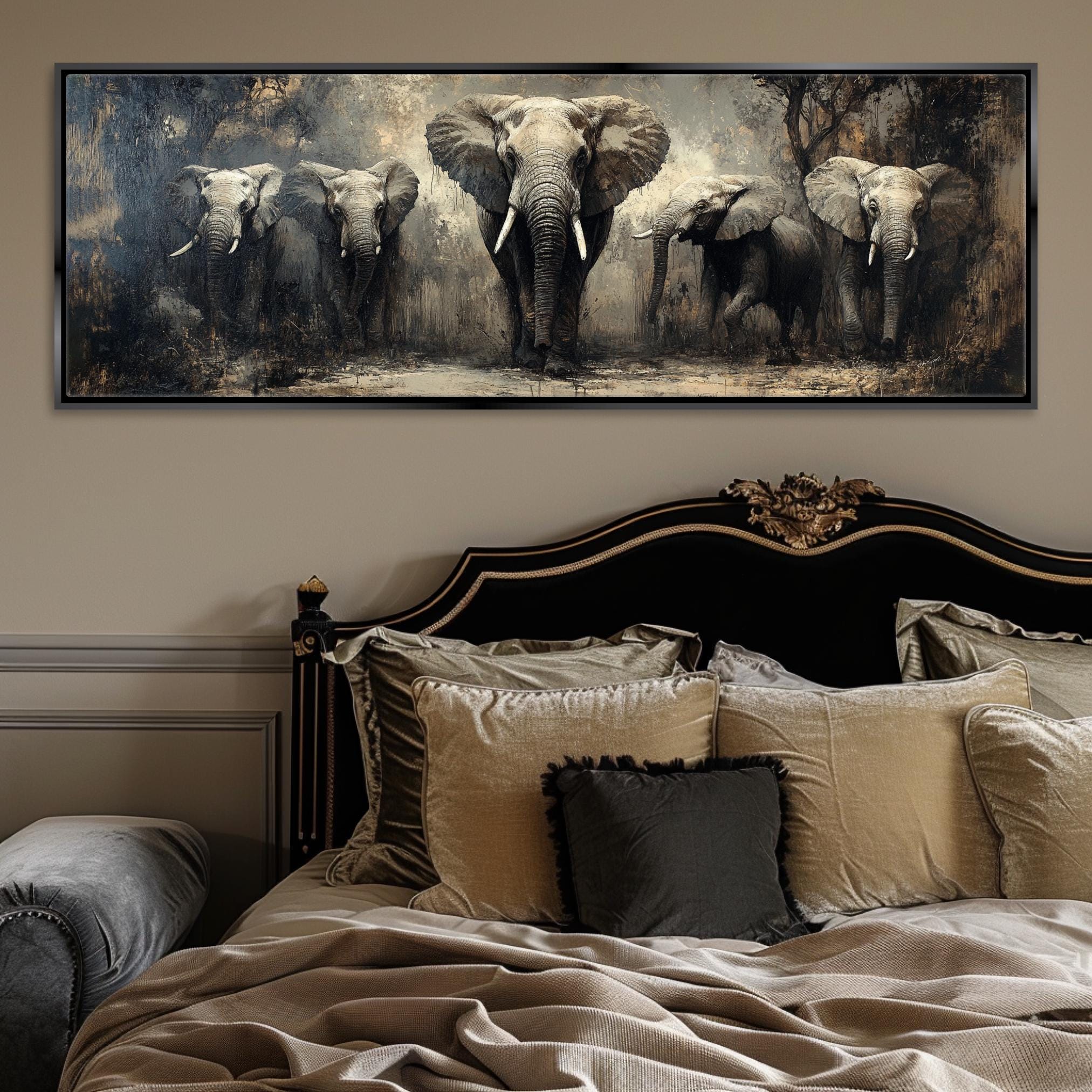 a painting of elephants on a wall above a bed