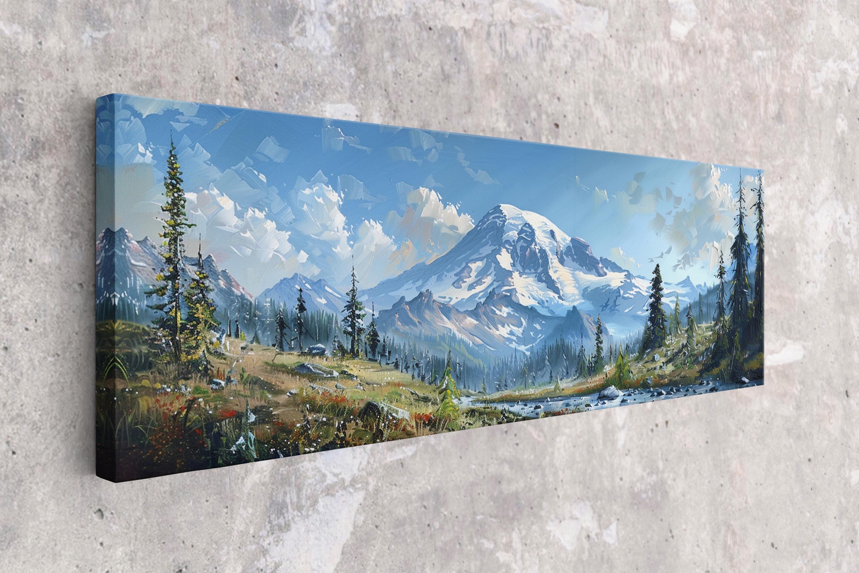 A painting of a mountain landscape with a snow-capped peak, surrounded by pine trees and a river flowing through the valley.