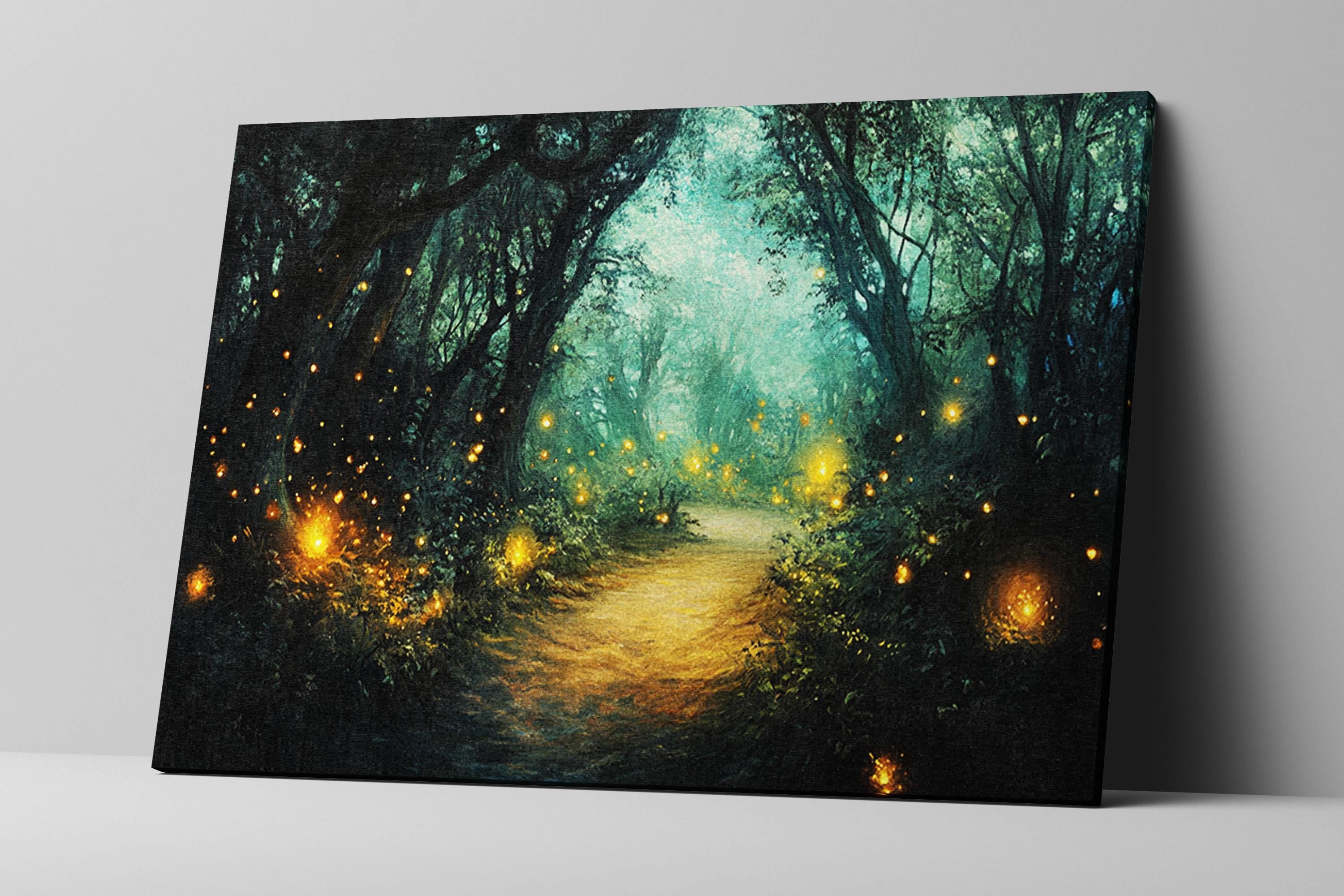 a painting of a path through a forest with fireflies