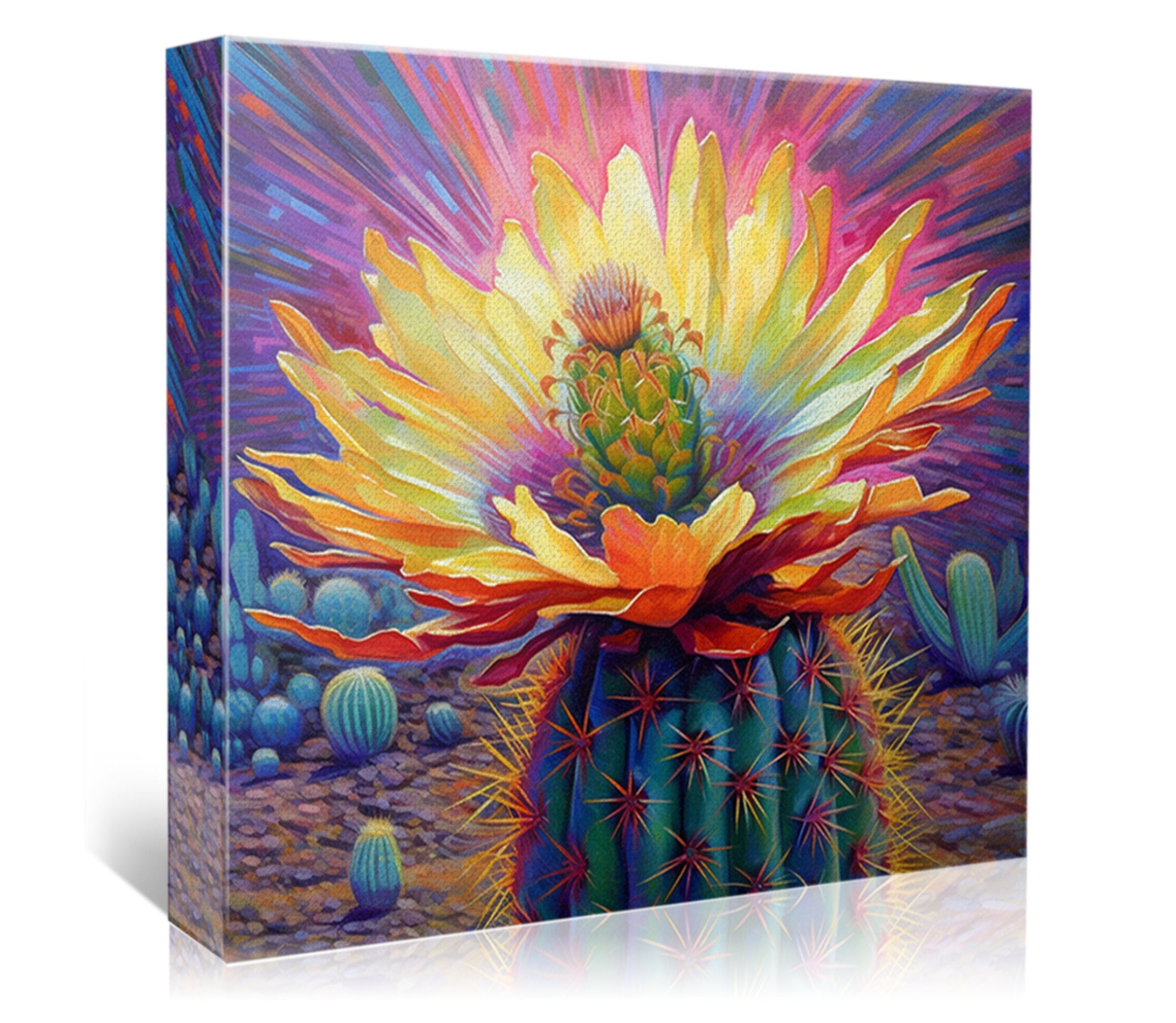 Saguaro Bloom Canvas – Vibrant Desert Cactus Art | Large Colorful Wall Print