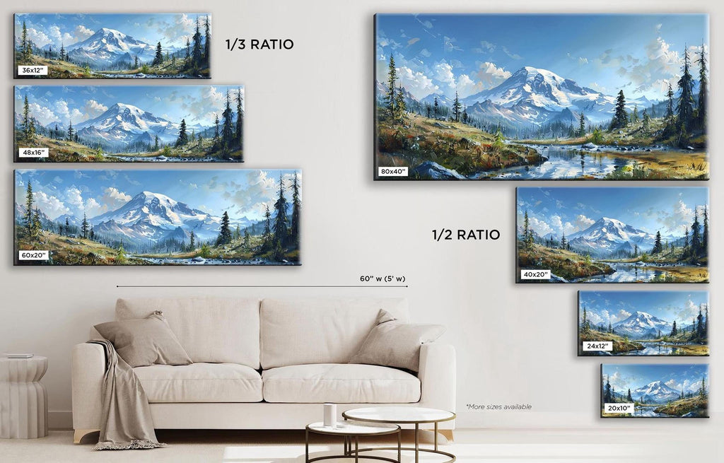 a living room with a white couch and paintings on the wall