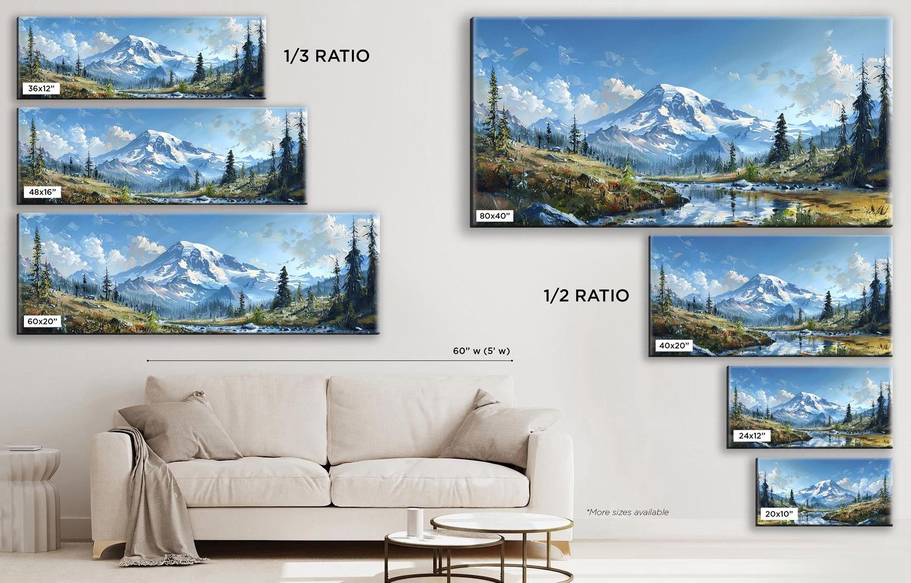 a living room with a white couch and paintings on the wall
