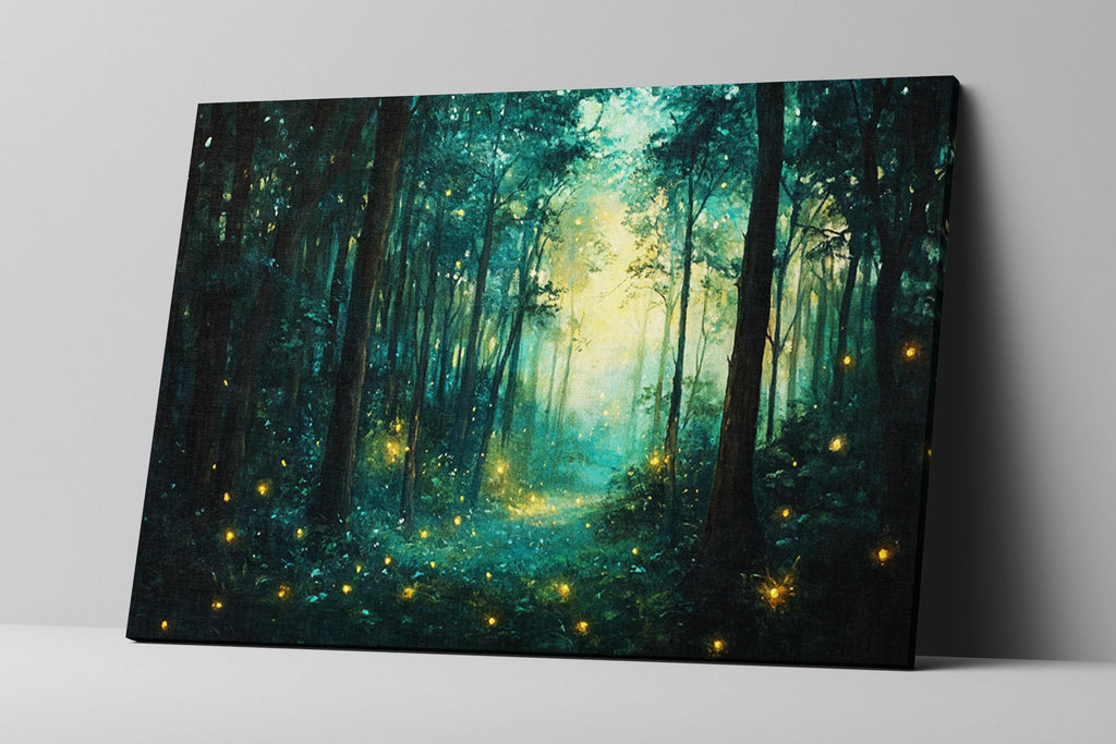 a painting of a forest filled with fireflies