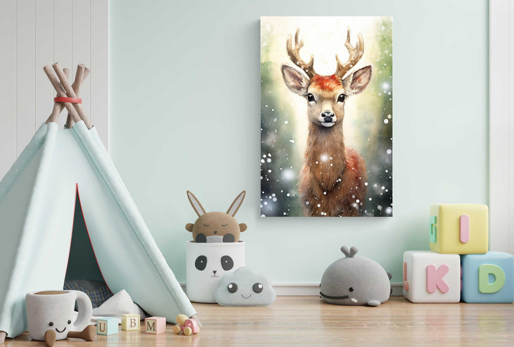 Baby Reindeer Watercolor - Festive Christmas Art, Giclee Print on Canvas, Artist Paper, Watercolor Paper, Available in Extra Large Sizes