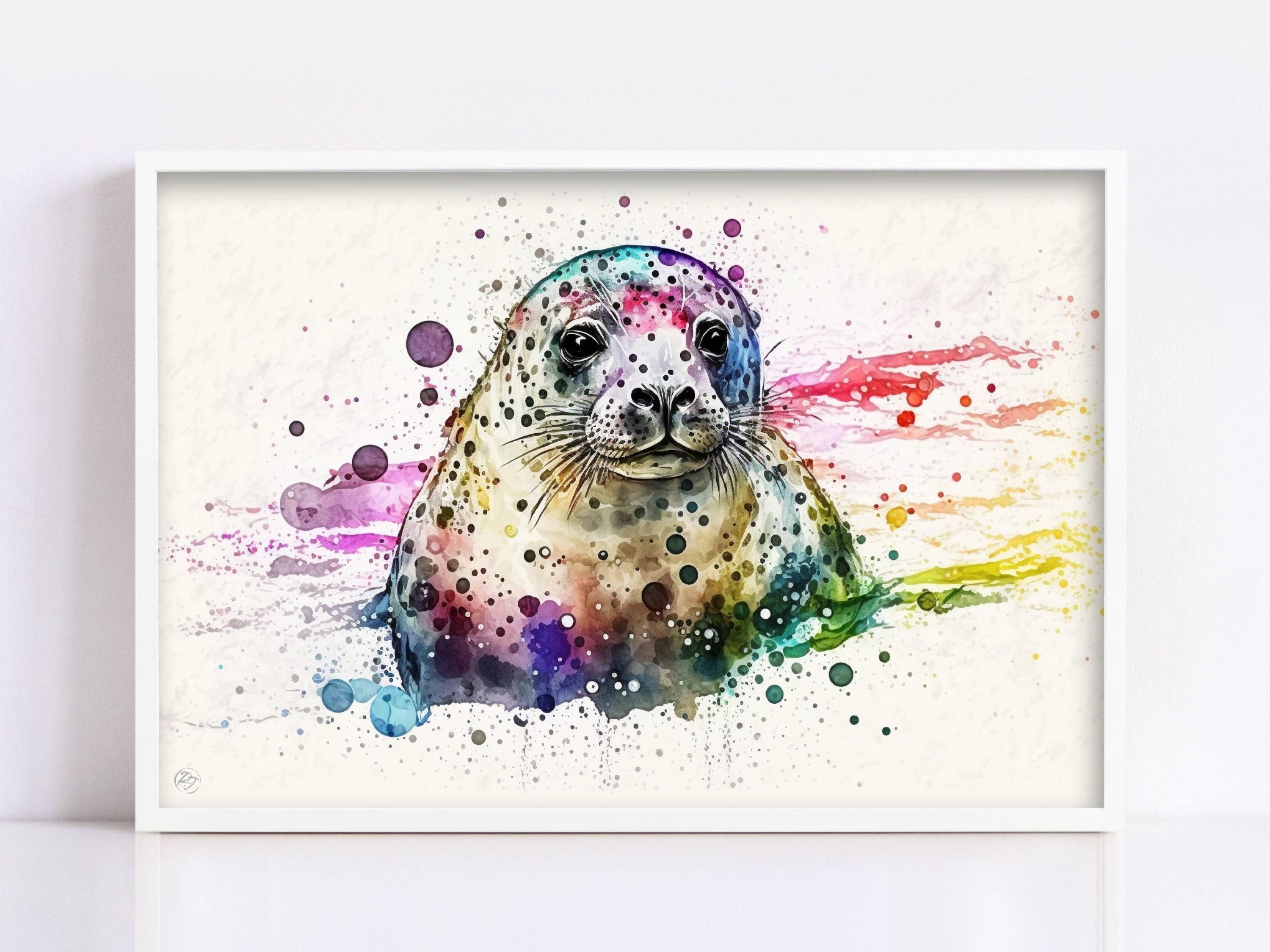 Marine Serenity: Seal Watercolor Painting, Giclee Print on Canvas, Artist Paper, Watercolor Paper, Available in Extra Large Sizes