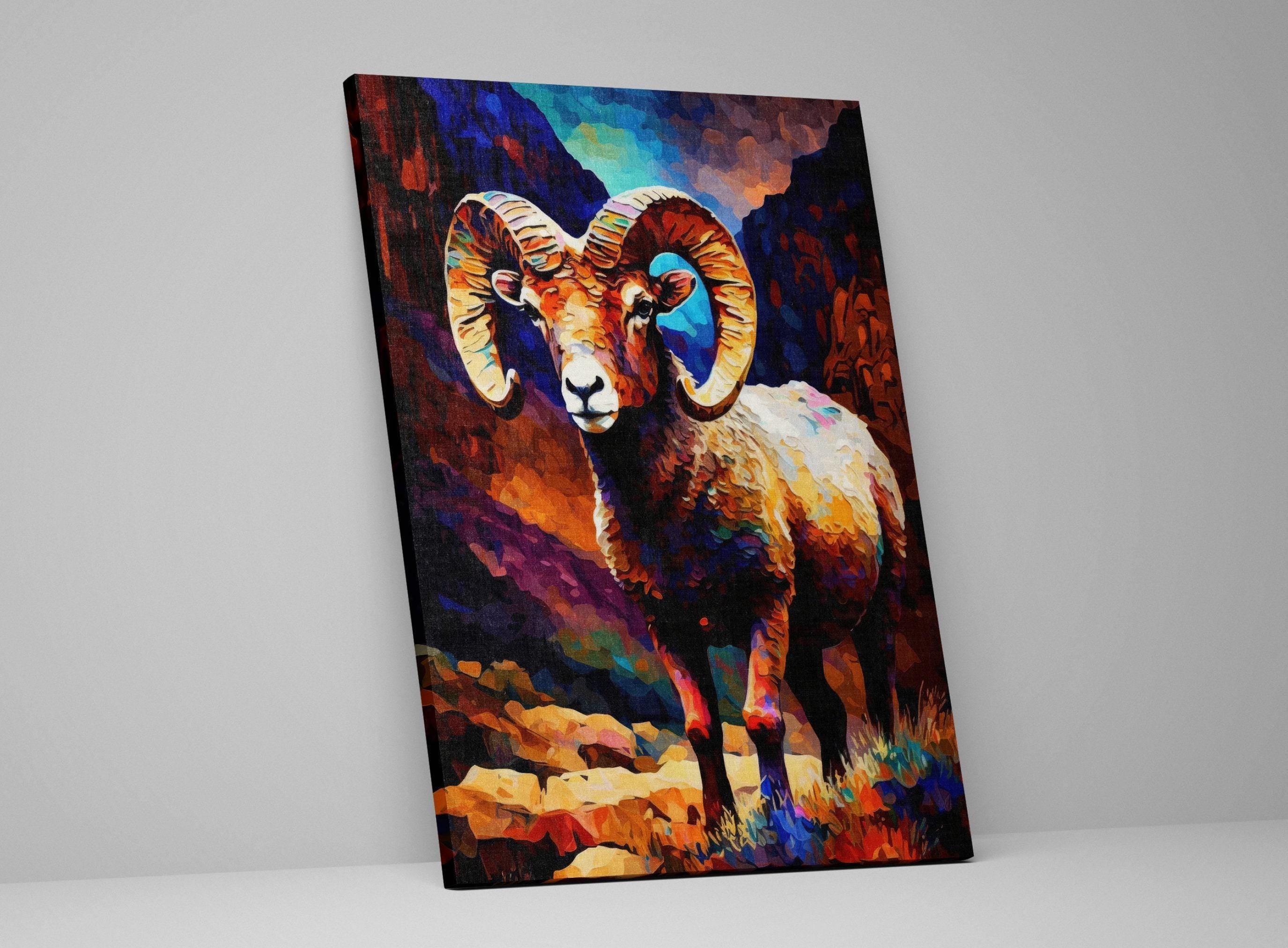 Bighorn Sheep Canvas Print - Vibrant Southwest Wall Art | Colorful Desert Wildlife Art