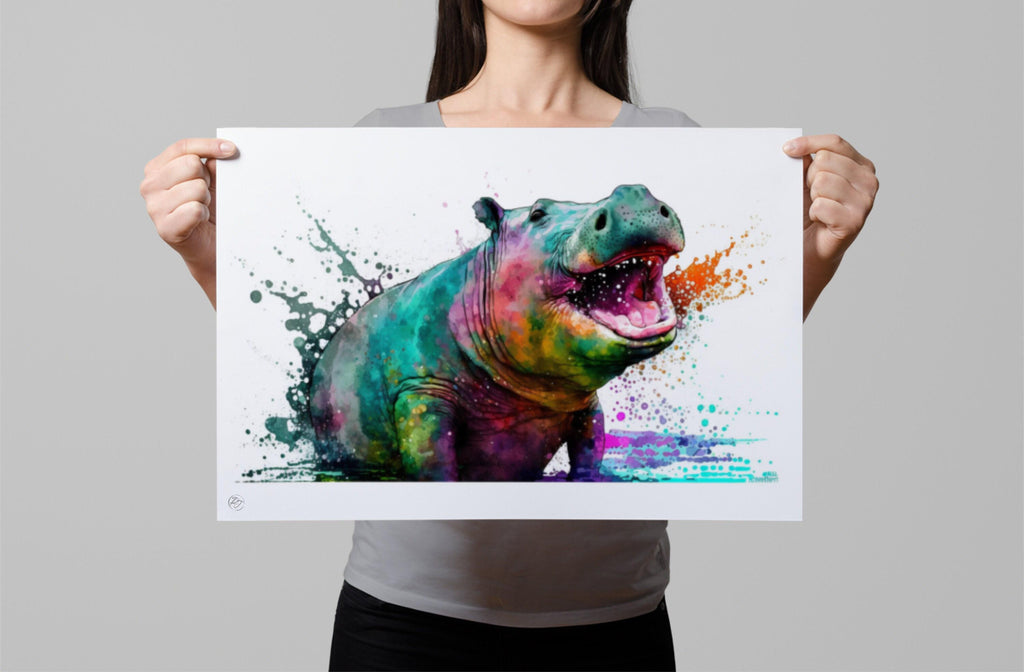 Hippo Serenity: Watercolor Hippopotamus Art Print, Giclee Print on Canvas, Artist Paper, Watercolor Paper, Available in Extra Large Sizes