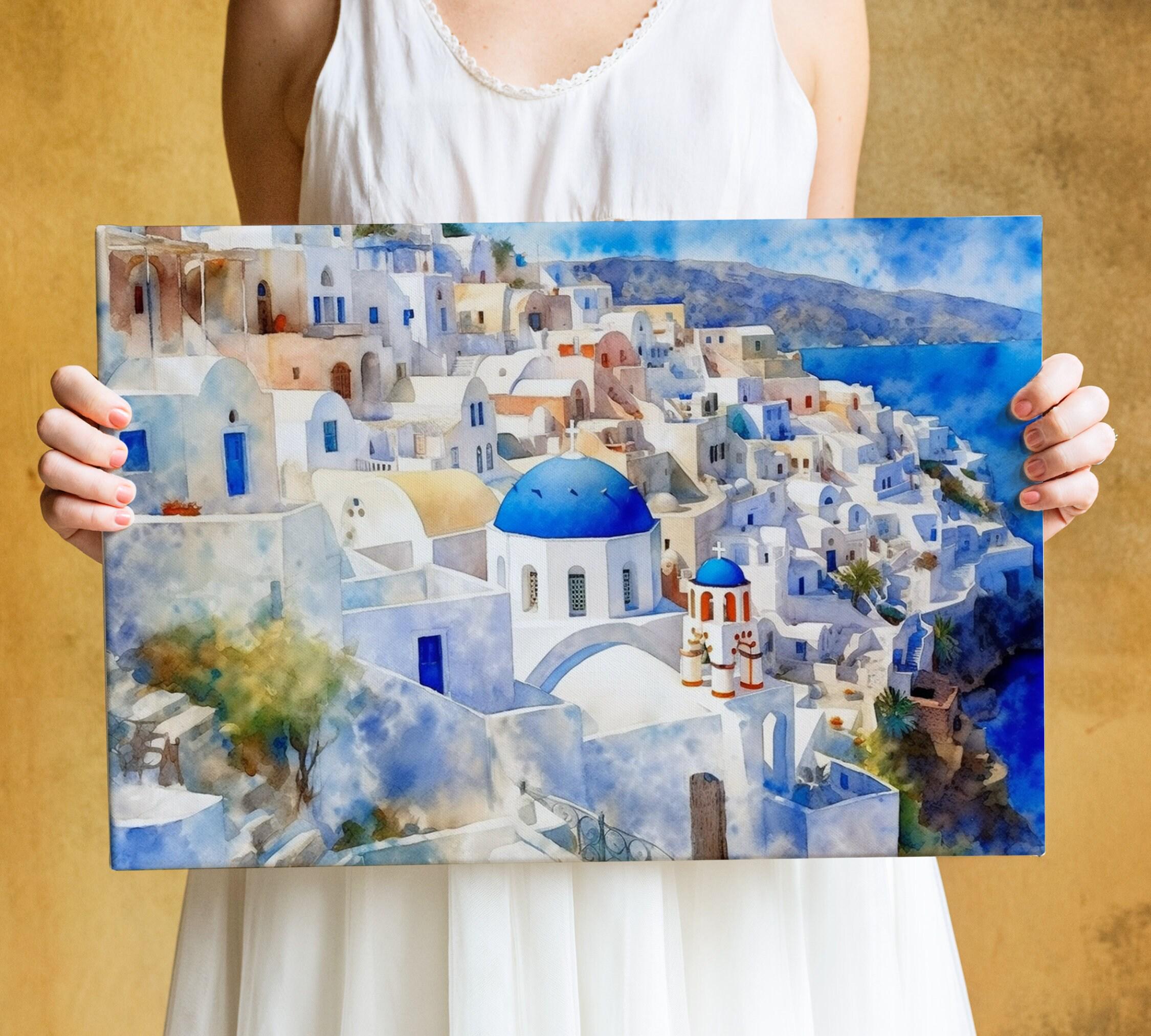 Grecian Getaway - Santorini Landscape Wall Hanging, Giclee Print on Canvas, Artist Paper, Watercolor Paper, Available in Extra Large Sizes