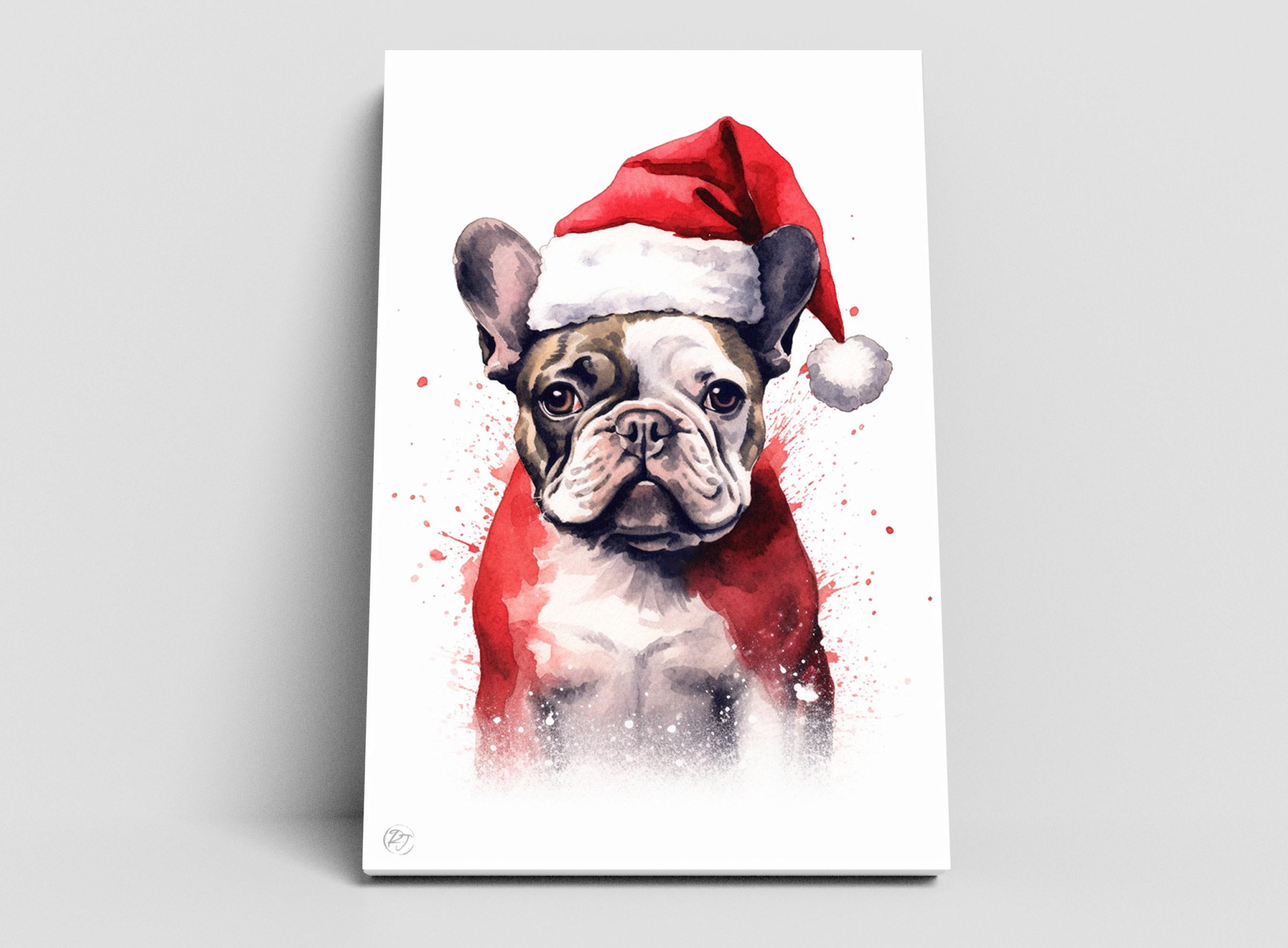 Christmas French Bulldog - Watercolor Frenchie Art, Giclee Print on Canvas, Artist Paper, Watercolor Paper, Available in Extra Large Sizes