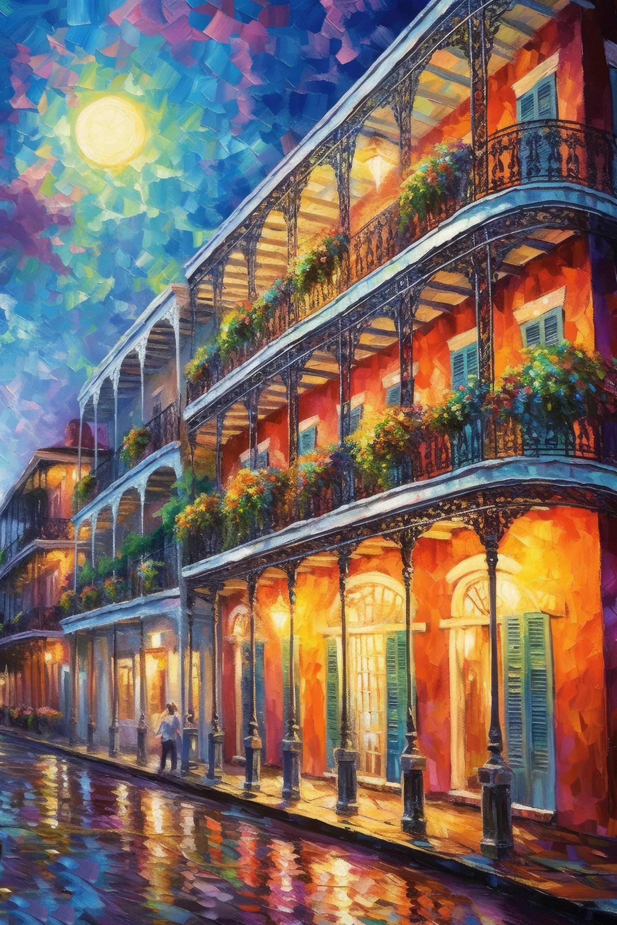 Bourbon Street Canvas Art – Colorful New Orleans Wall Art With Real Wood Frame