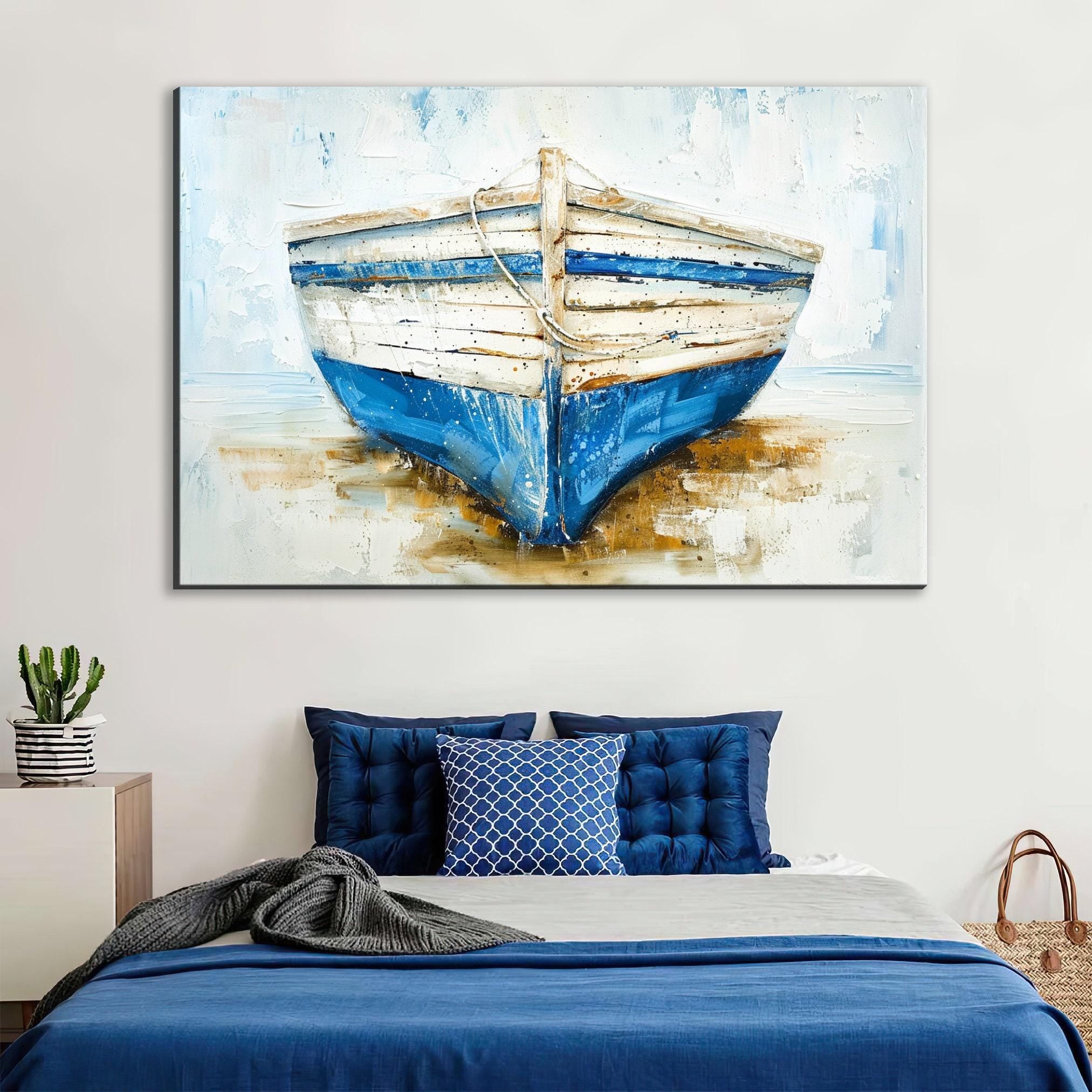 Coastal Blue White Boat - Gallery Wrapped Canvas | Extra Large Nautical Wall Art