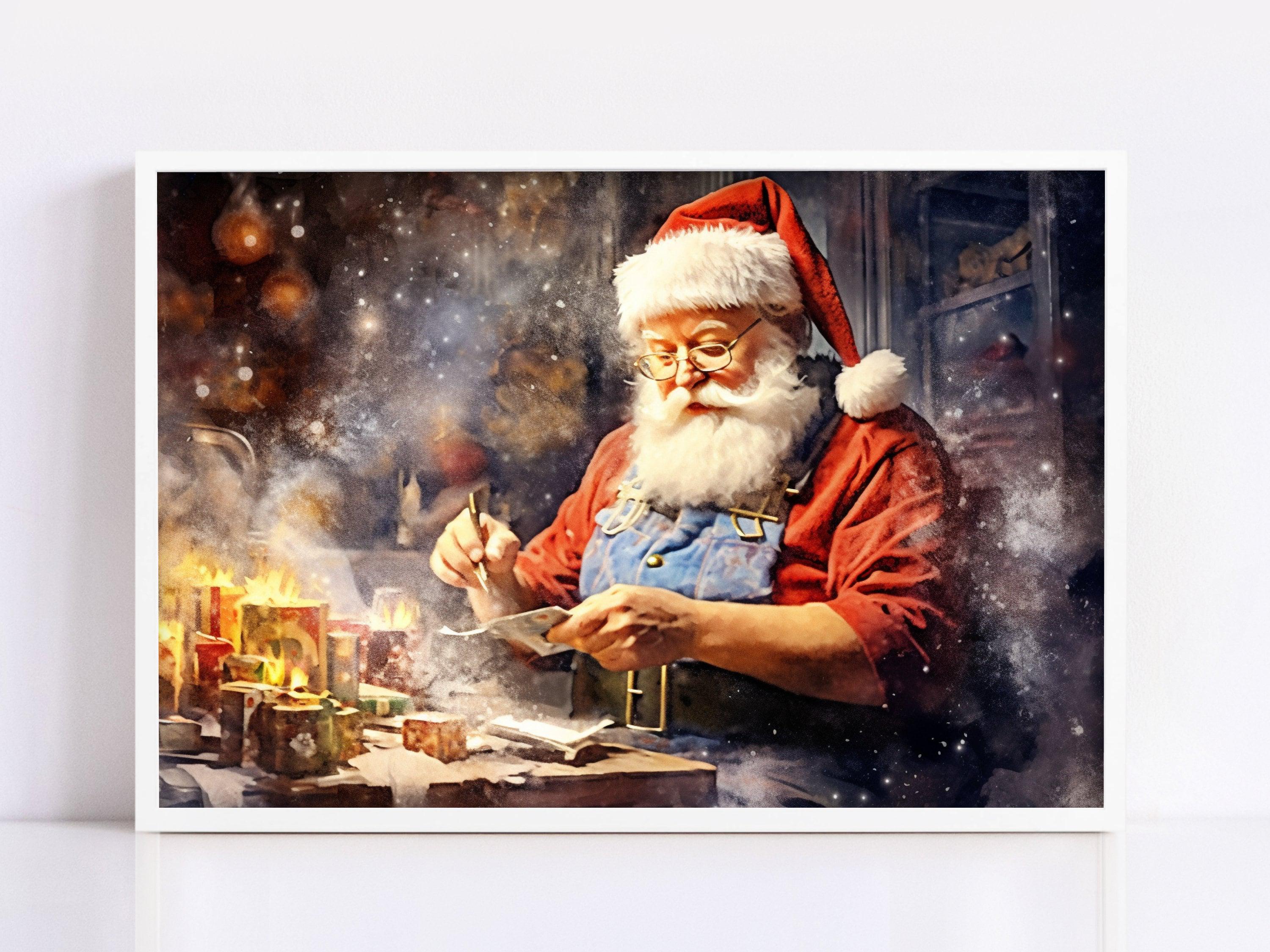 Santa Claus in His Workshop Watercolor - Christmas Giclee Print on Canvas, Artist Paper, Watercolor Paper, Available in Extra Large Sizes