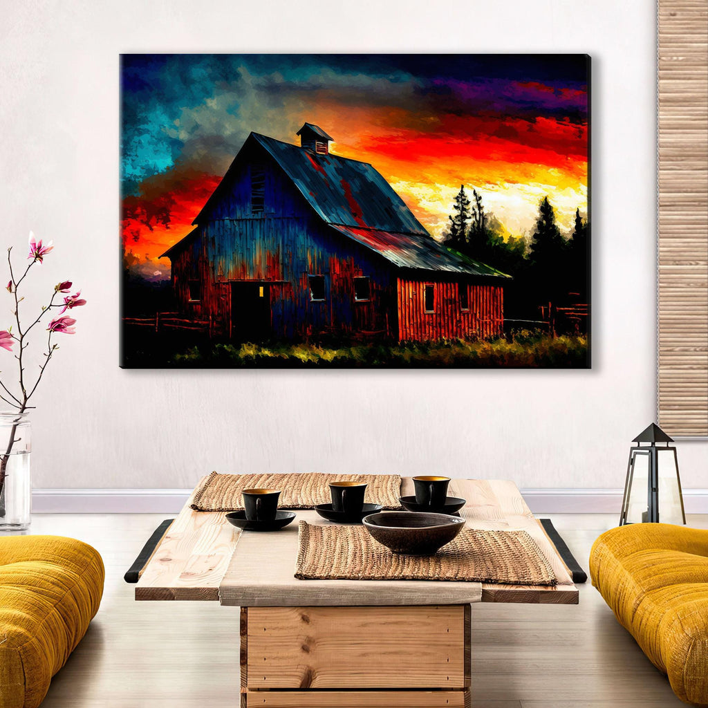 Farmhouse Canvas Art - Vintage Farm Landscape Art | Large Canvas Print With Wood Frame