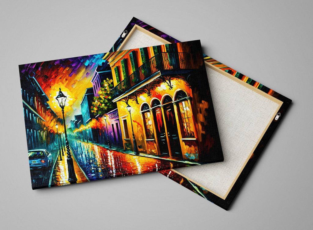 The image is a vibrant painting depicting a lively street scene with colorful buildings, a street lamp, and a car driving down the road.