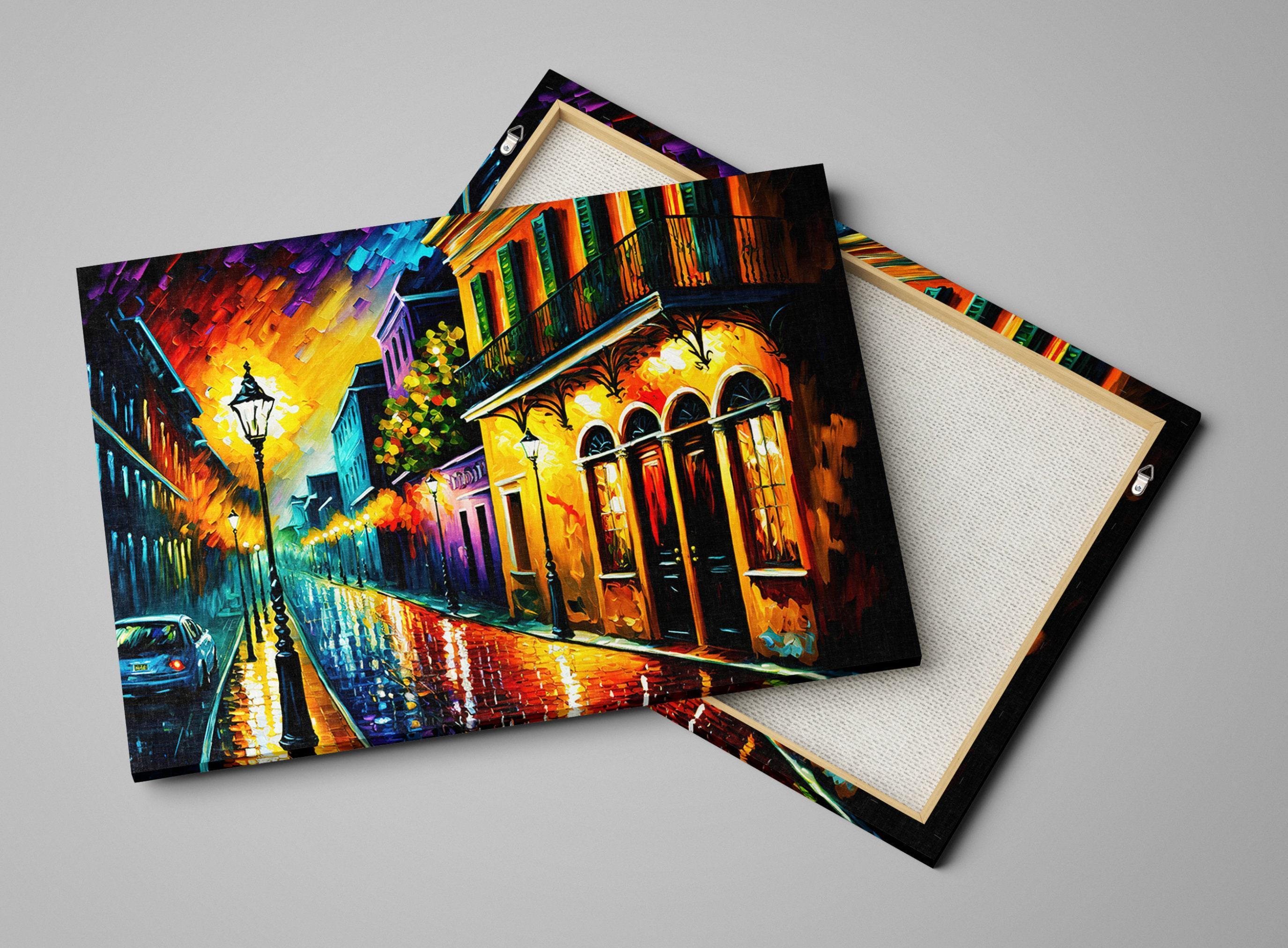 The image is a vibrant painting depicting a lively street scene with colorful buildings, a street lamp, and a car driving down the road.