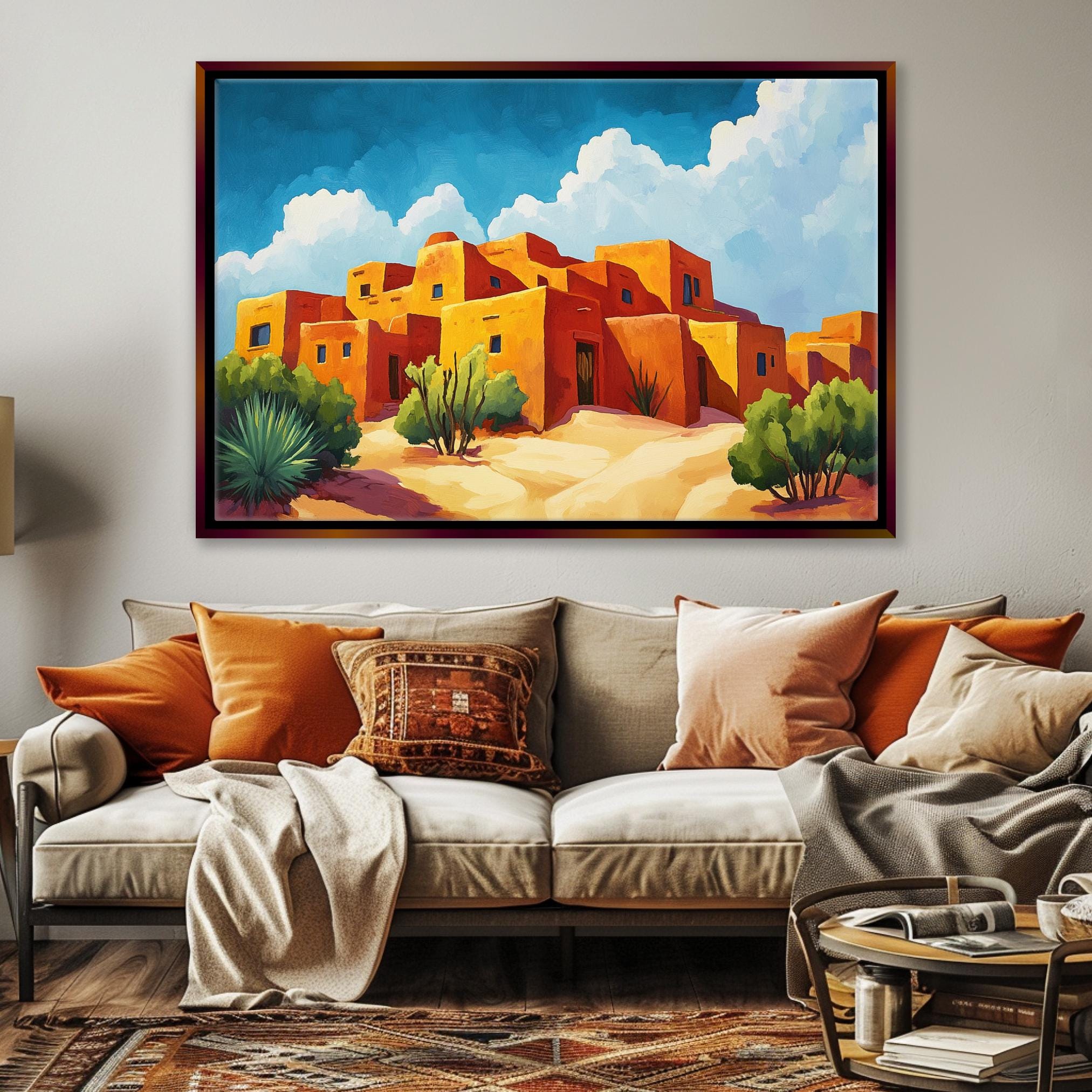 a living room with a couch and a painting on the wall
