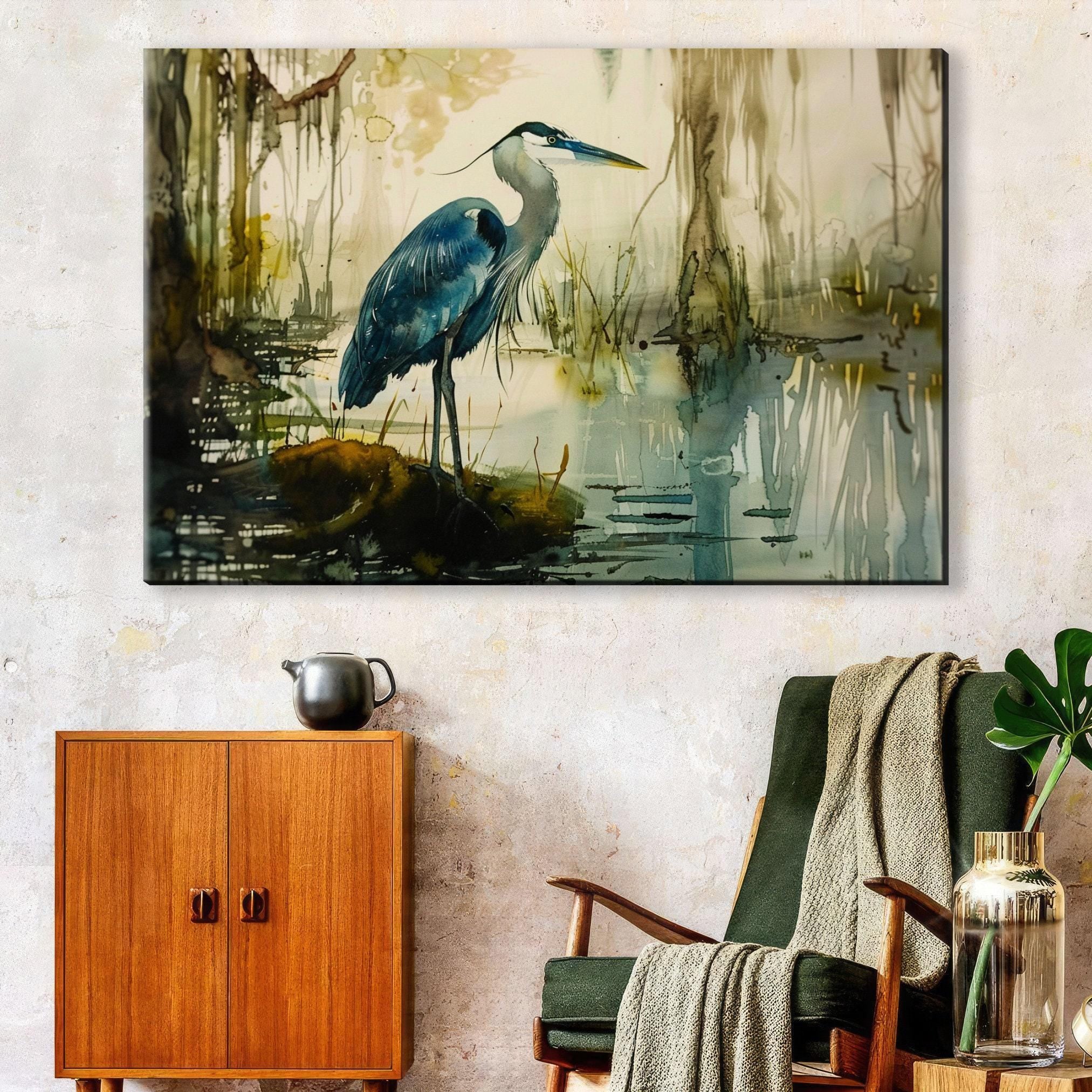 Blue Heron Wall Art – Elegant Alcohol Ink Canvas | Large Gallery Wrapped Print