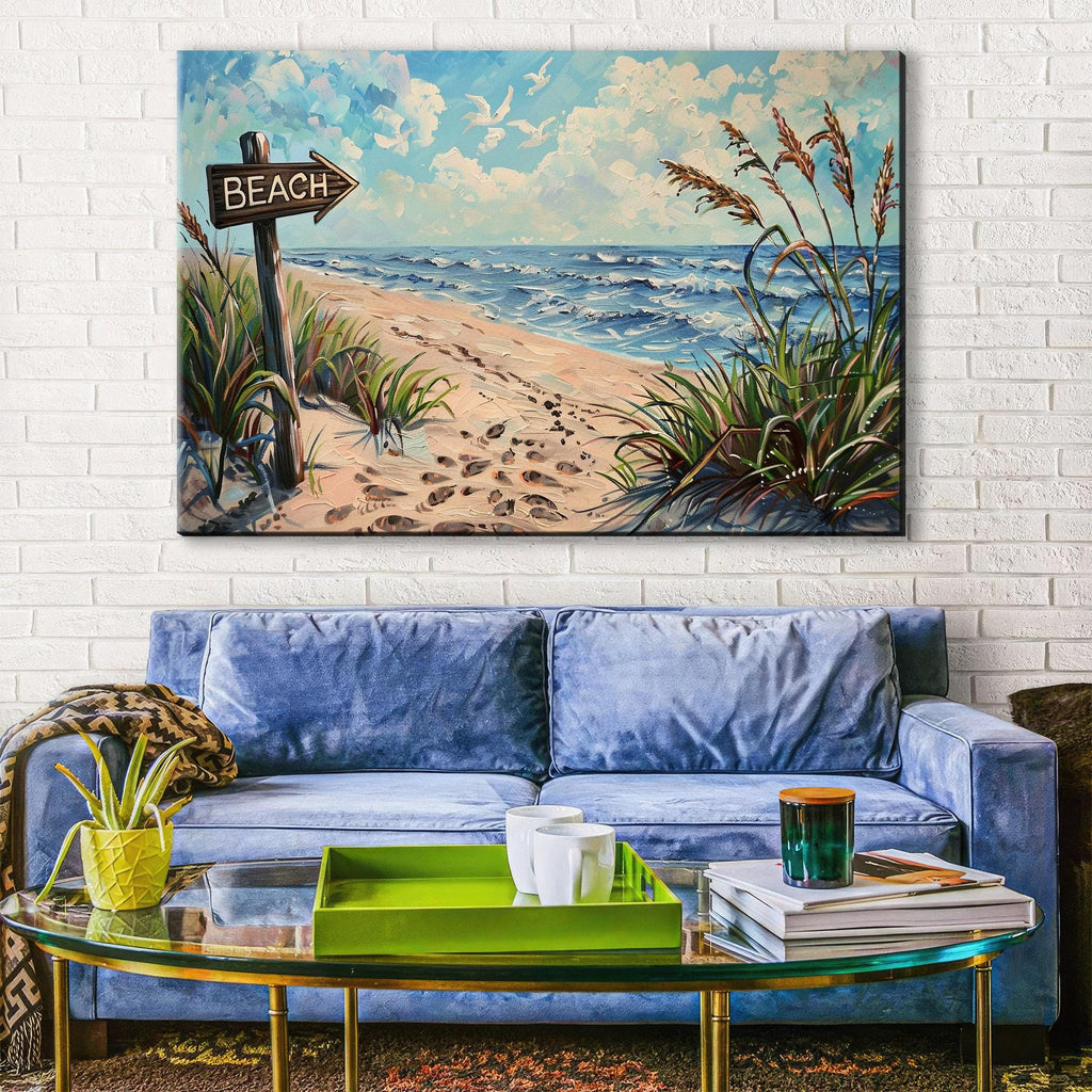 Beach Sign Wall Art – Coastal Wall Art on Gallery Wrapped Canvas, Large Sandy Shore Picture