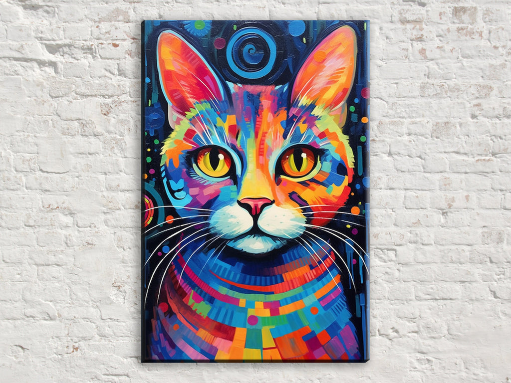 Colorful Cat Painting - Large Canvas Wall Art | Vibrant Pet Art, Expressive Cat Portrait