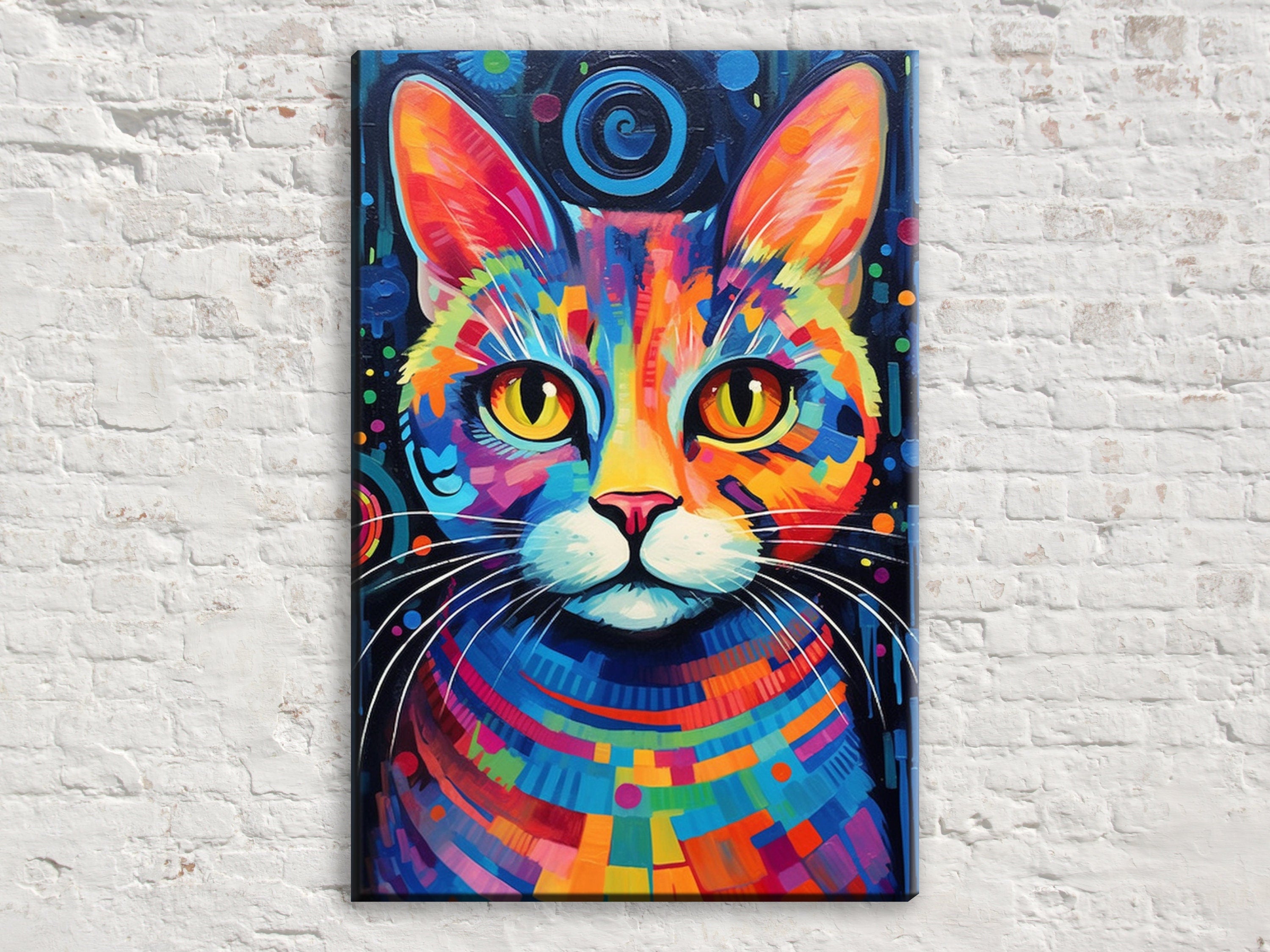 Colorful Cat Painting - Large Canvas Wall Art | Vibrant Pet Art, Expressive Cat Portrait