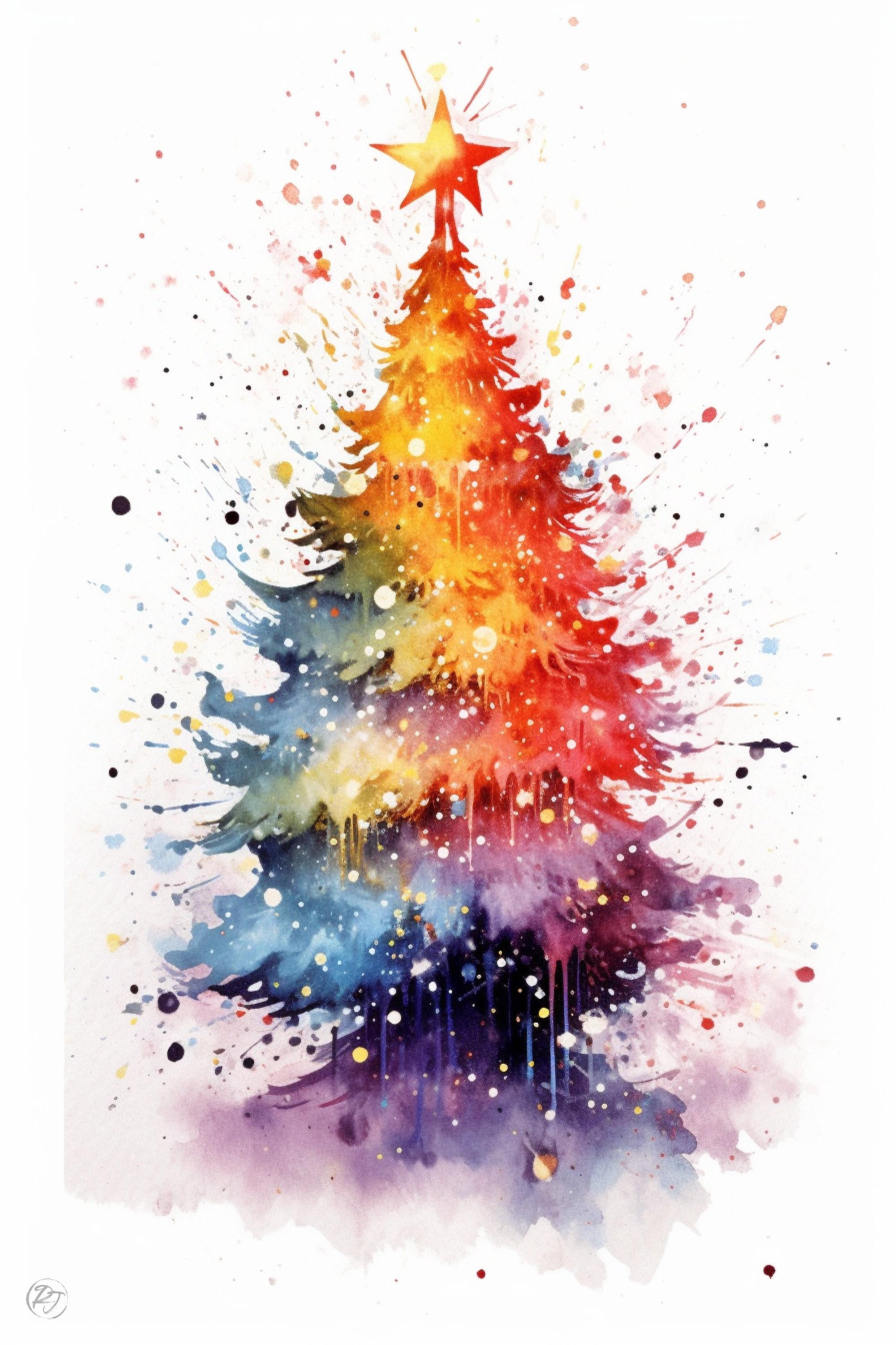Festive Christmas Tree Watercolor - Christmas Art, Giclee Print on Canvas, Artist Paper, Watercolor Paper, Available in Extra Large Sizes