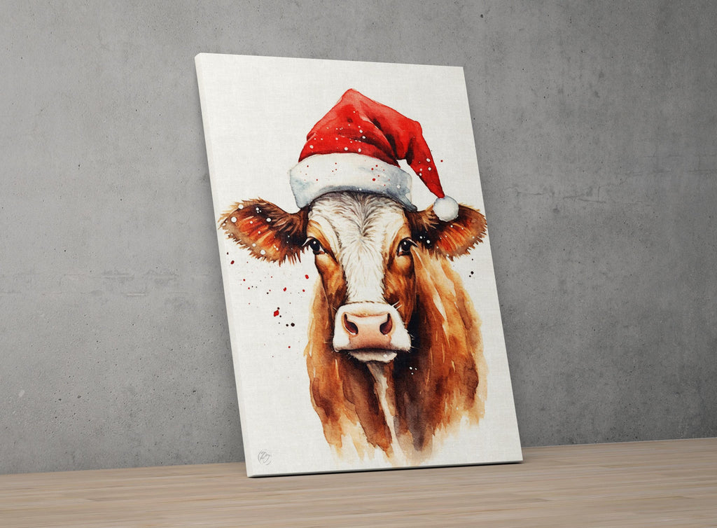 Christmas Cow Watercolor Holiday Wall Art, Giclee Print on Canvas, Artist Paper, Watercolor Paper, Available in Extra Large Sizes