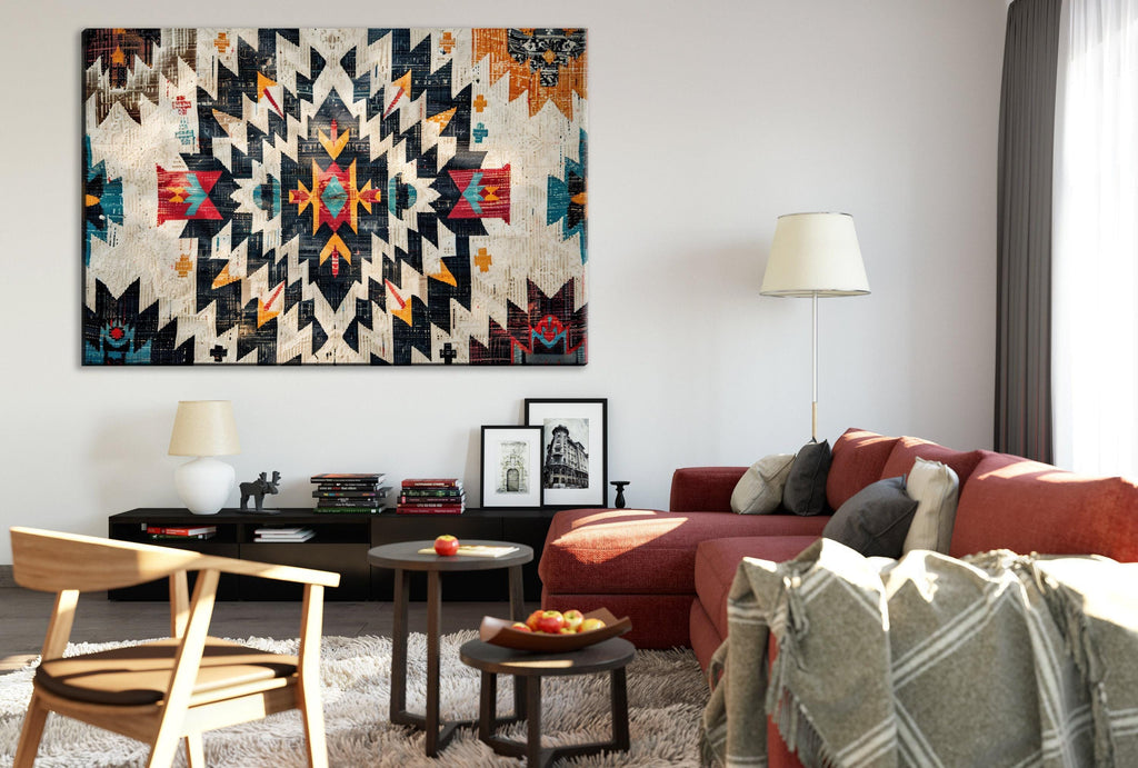 a modern living room with a large, colorful abstract painting on the wall. The room is furnished with a red sofa, a wooden chair, and a coffee table with a bowl of fruit. The overall decor has a contemporary and stylish aesthetic.