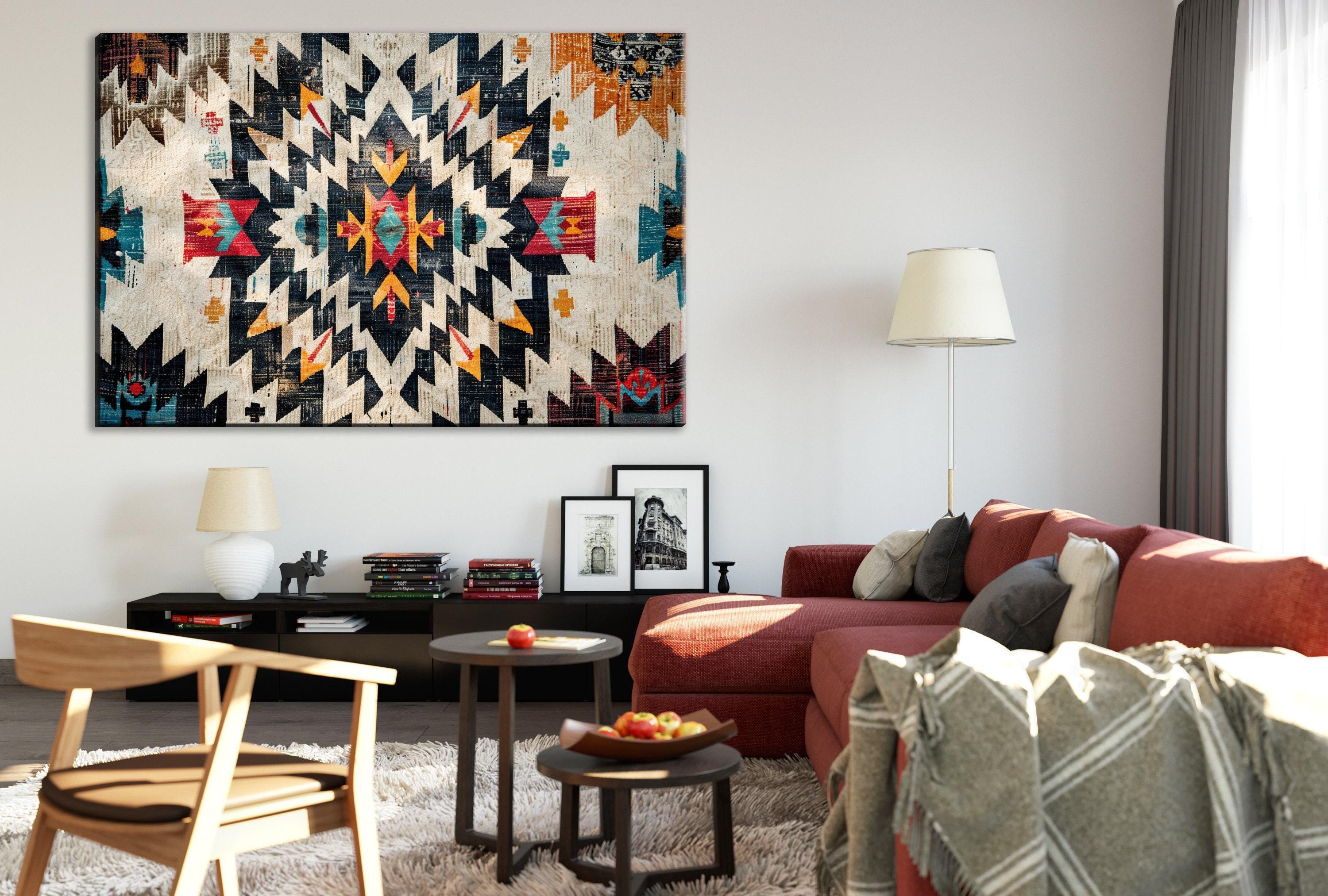 a modern living room with a large, colorful abstract painting on the wall. The room is furnished with a red sofa, a wooden chair, and a coffee table with a bowl of fruit. The overall decor has a contemporary and stylish aesthetic.