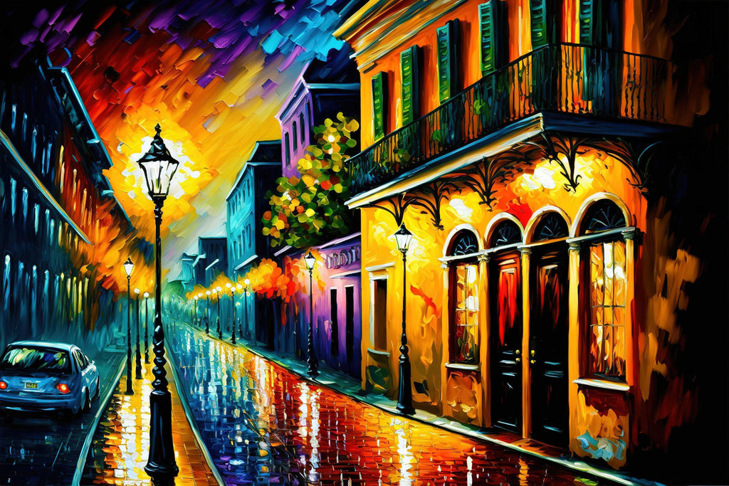 The image is a vibrant and colorful painting depicting a lively city street at night, with buildings illuminated by warm lighting and a car parked on the side of the road.