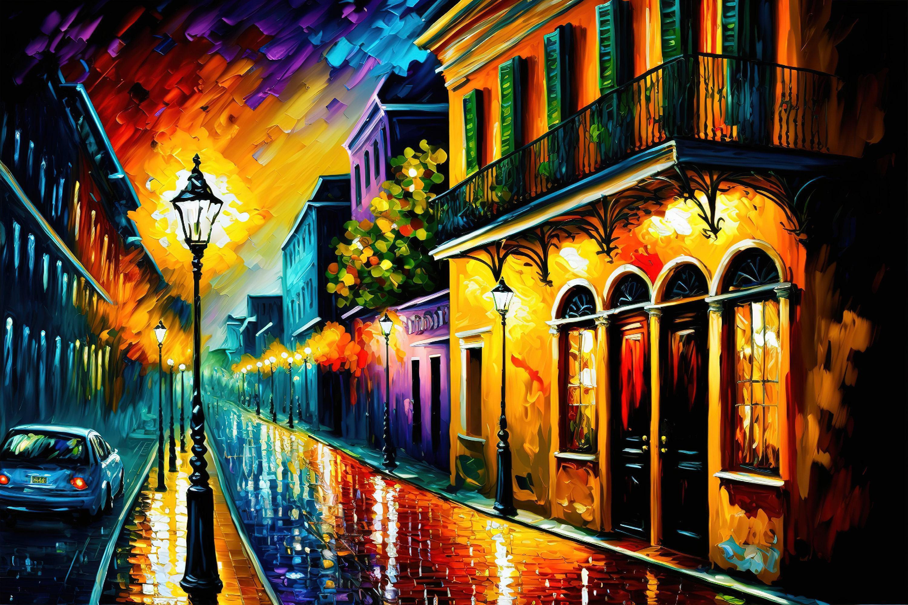 The image is a vibrant and colorful painting depicting a lively city street at night, with buildings illuminated by warm lighting and a car parked on the side of the road.