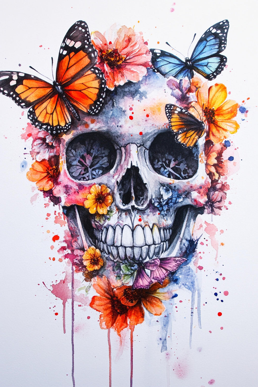 A colorful and intricate watercolor painting depicting a skull surrounded by butterflies and flowers.