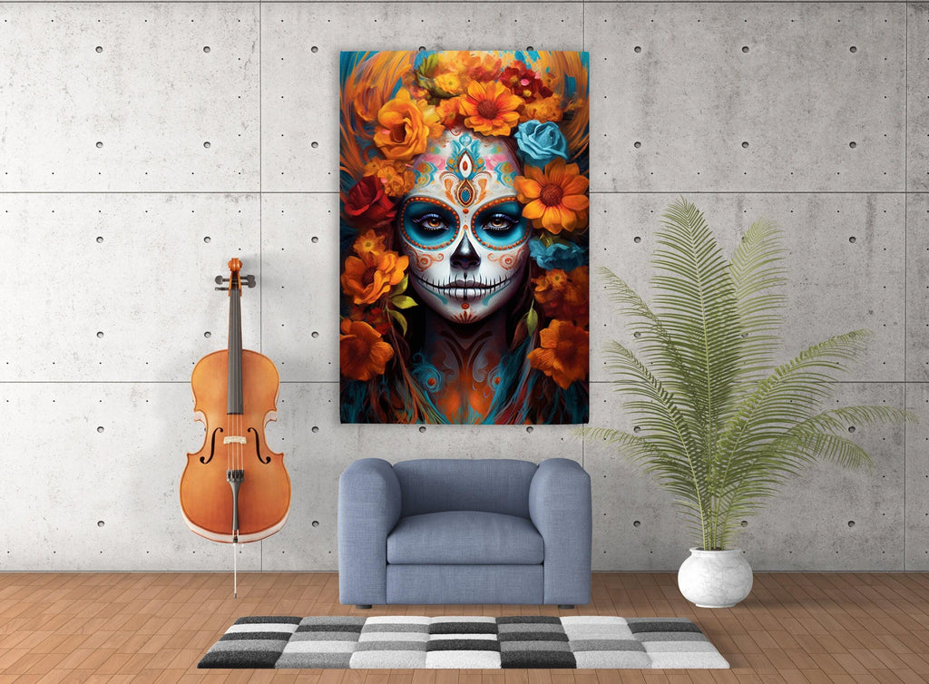 Sugar Skull Wall Art – Dia De Los Muertos Art | Large Floral Skull Canvas Print