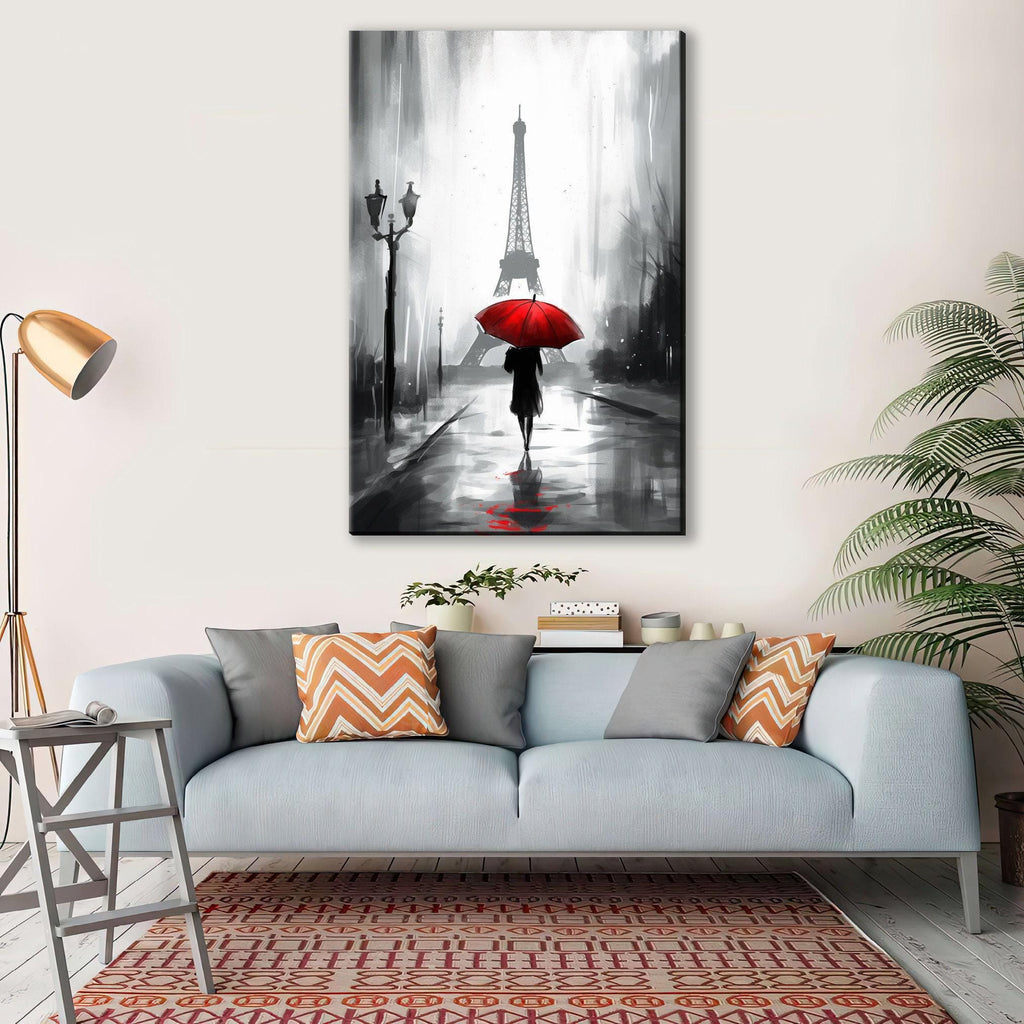 a woman walking down a rainy street, holding a red umbrella, with the Eiffel Tower visible in the background.