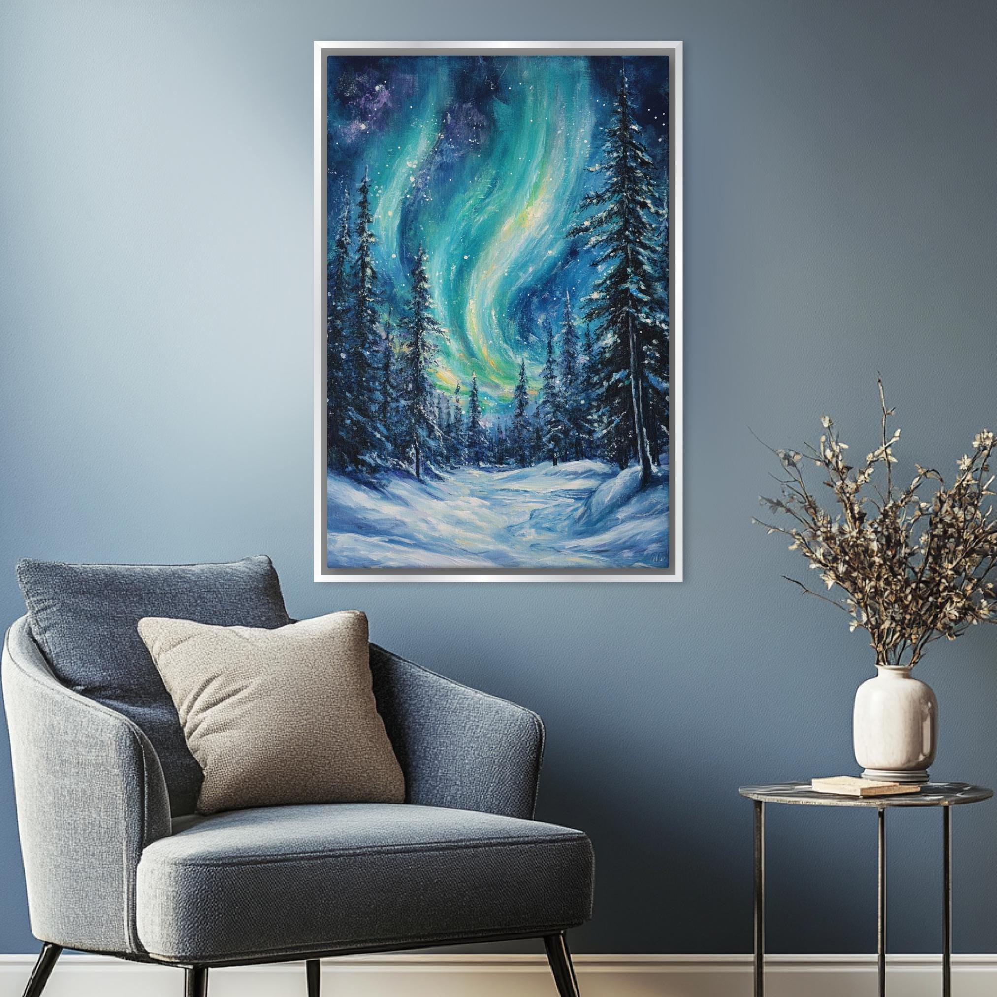 a painting on a wall of a snowy landscape