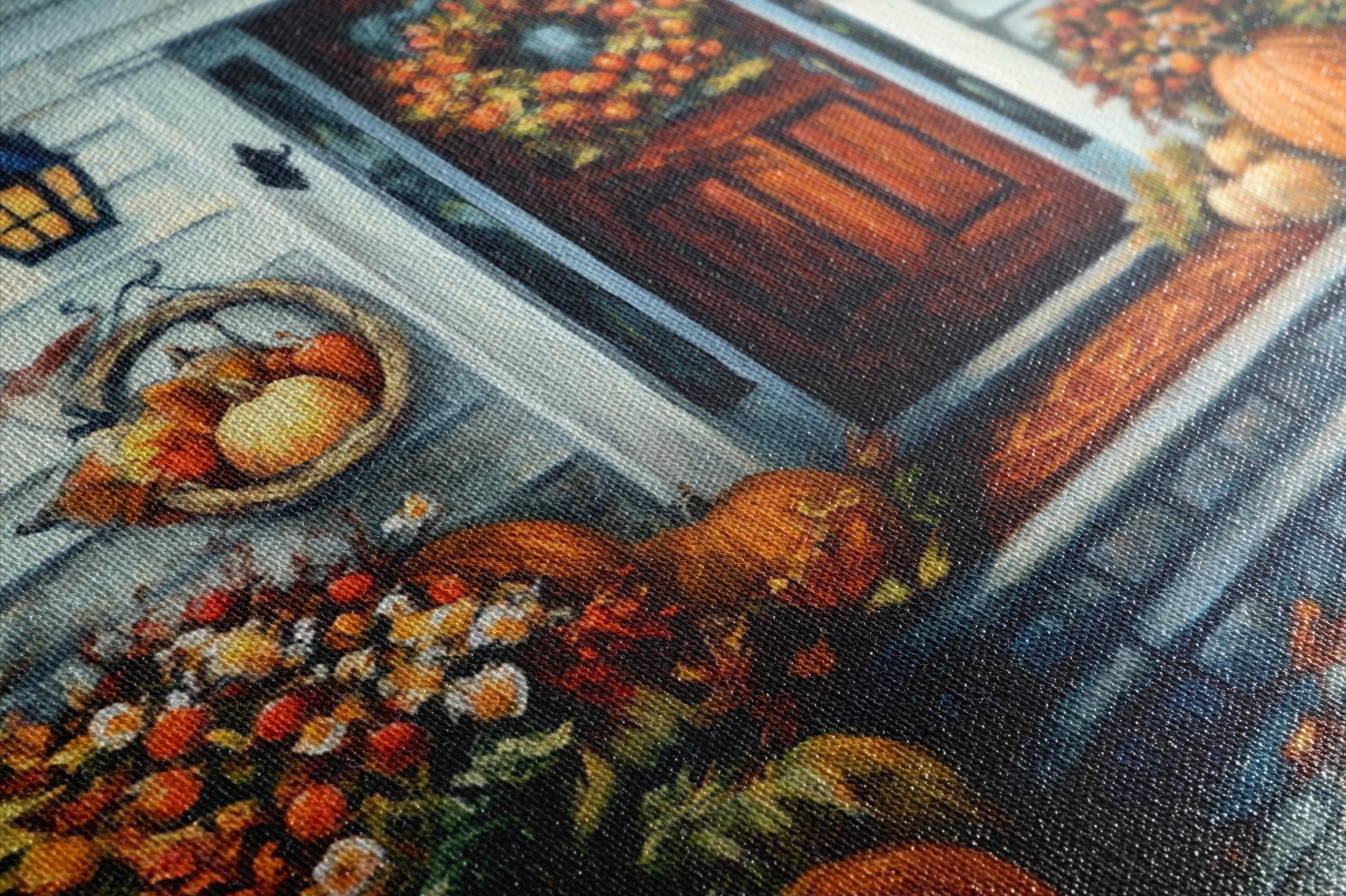 The image is a close-up of a painting depicting a scene with a basket of fruit, a wreath, and a door.