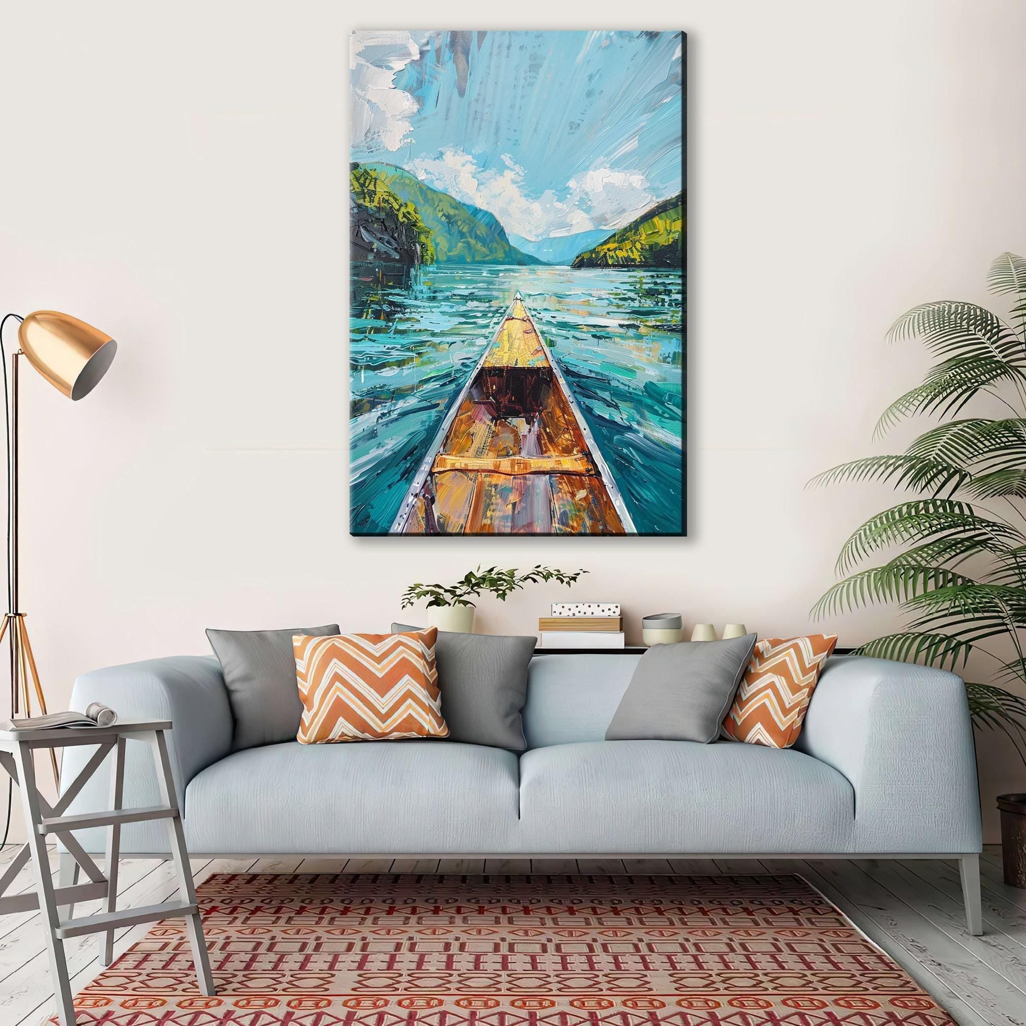 Canoe Wall Art – Rustic River Canvas Print | Large Gallery Wrapped Nature Artwork