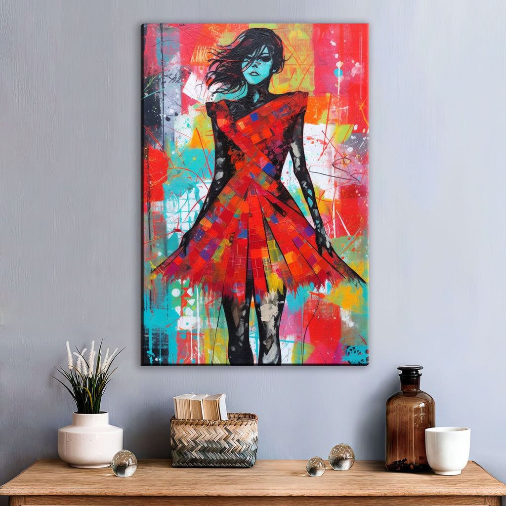 Red Dress Canvas Art | Contemporary Pop Art Painting - Female Home Decor