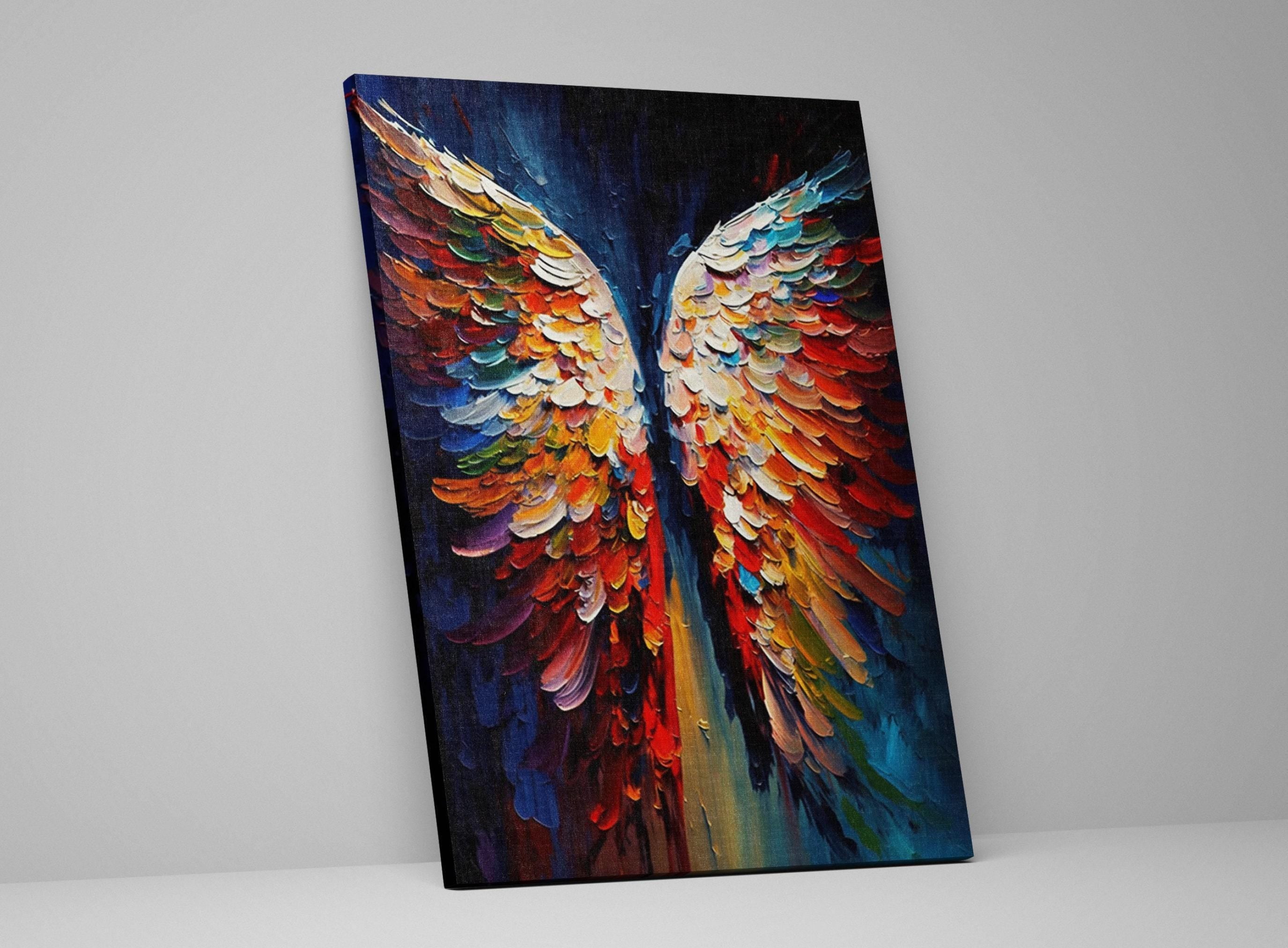 The image is a vibrant painting of colorful, multicolored wings spread out in a dynamic pose.