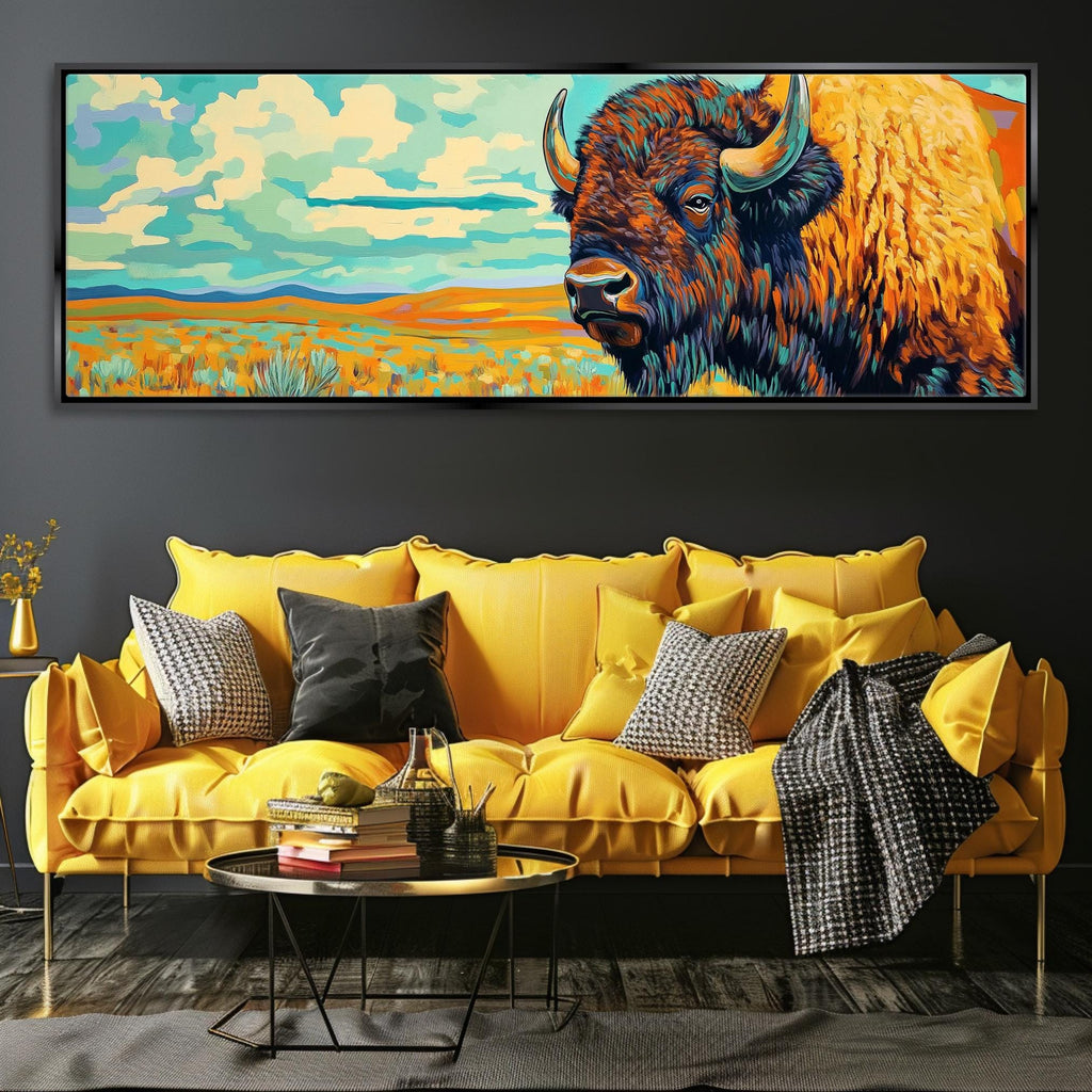 a living room with a couch and a painting on the wall