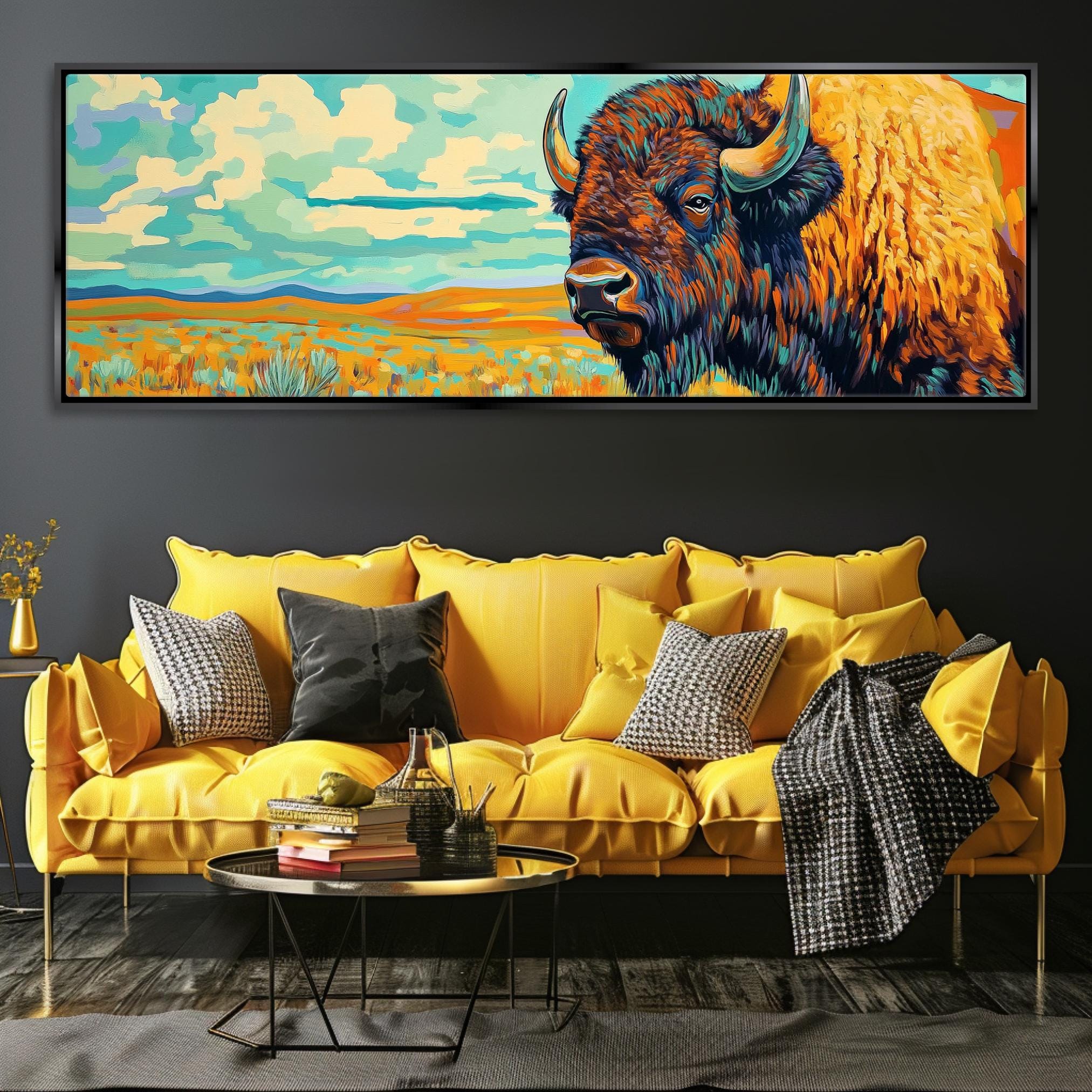 a living room with a couch and a painting on the wall