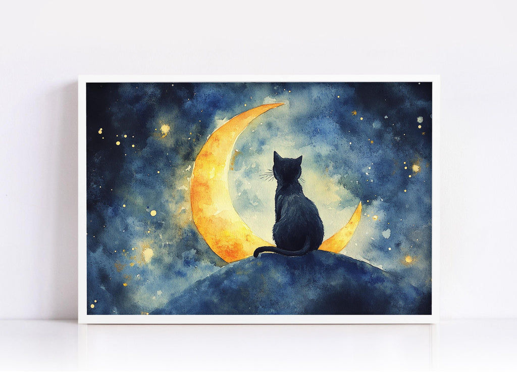 A black cat sits on a rock, gazing up at a crescent moon in a starry night sky.