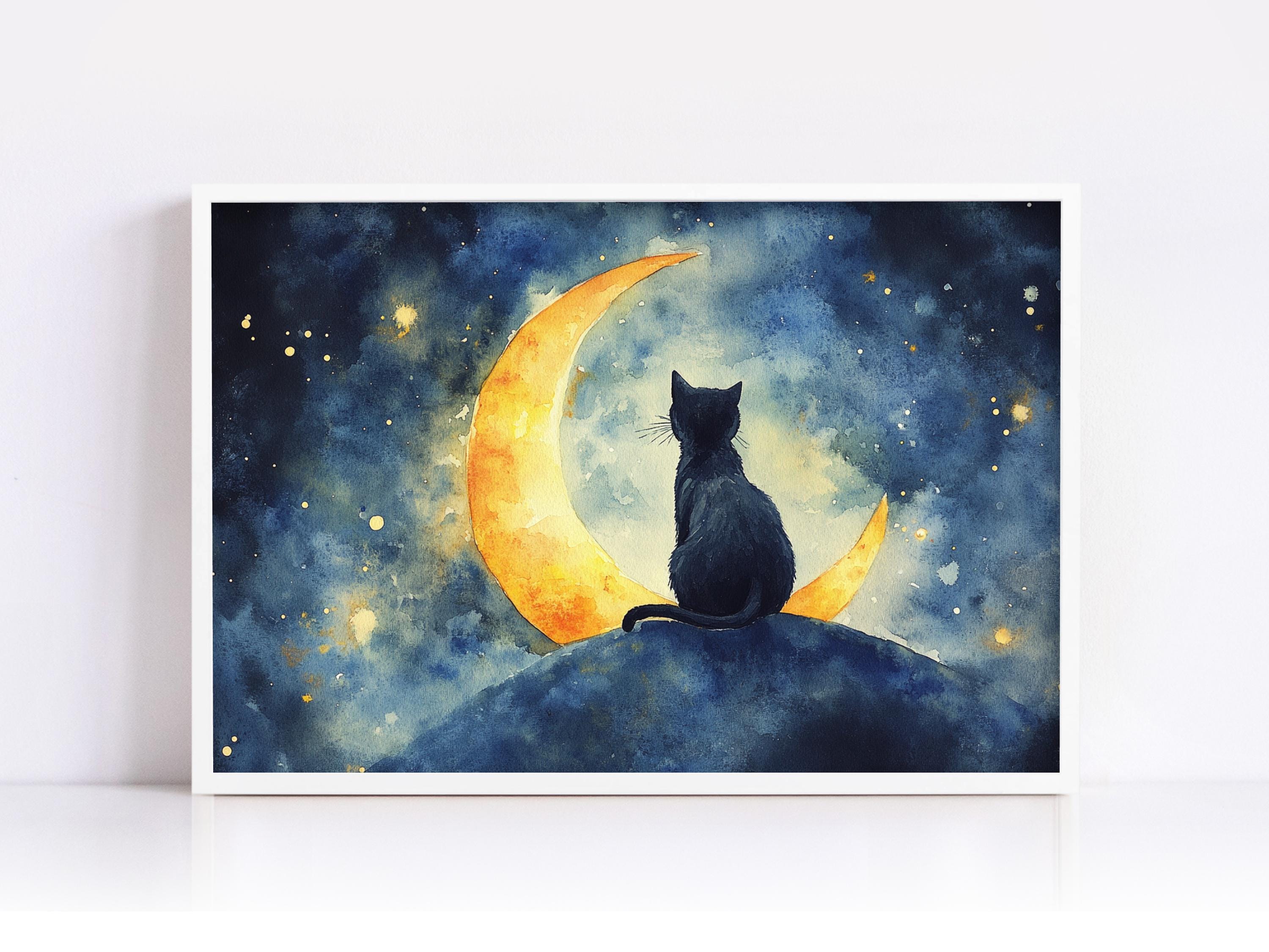 A black cat sits on a rock, gazing up at a crescent moon in a starry night sky.