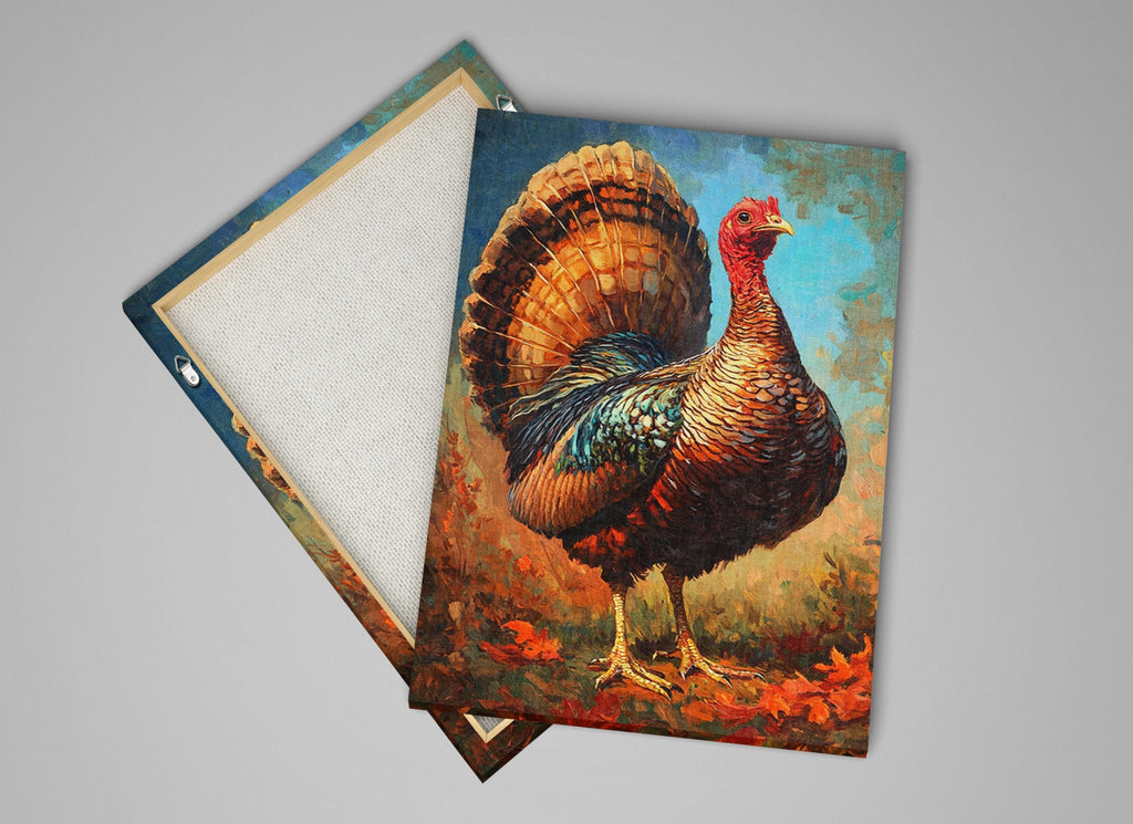 a vibrant painting of a turkey with a large, colorful tail, standing in a field of autumn leaves.